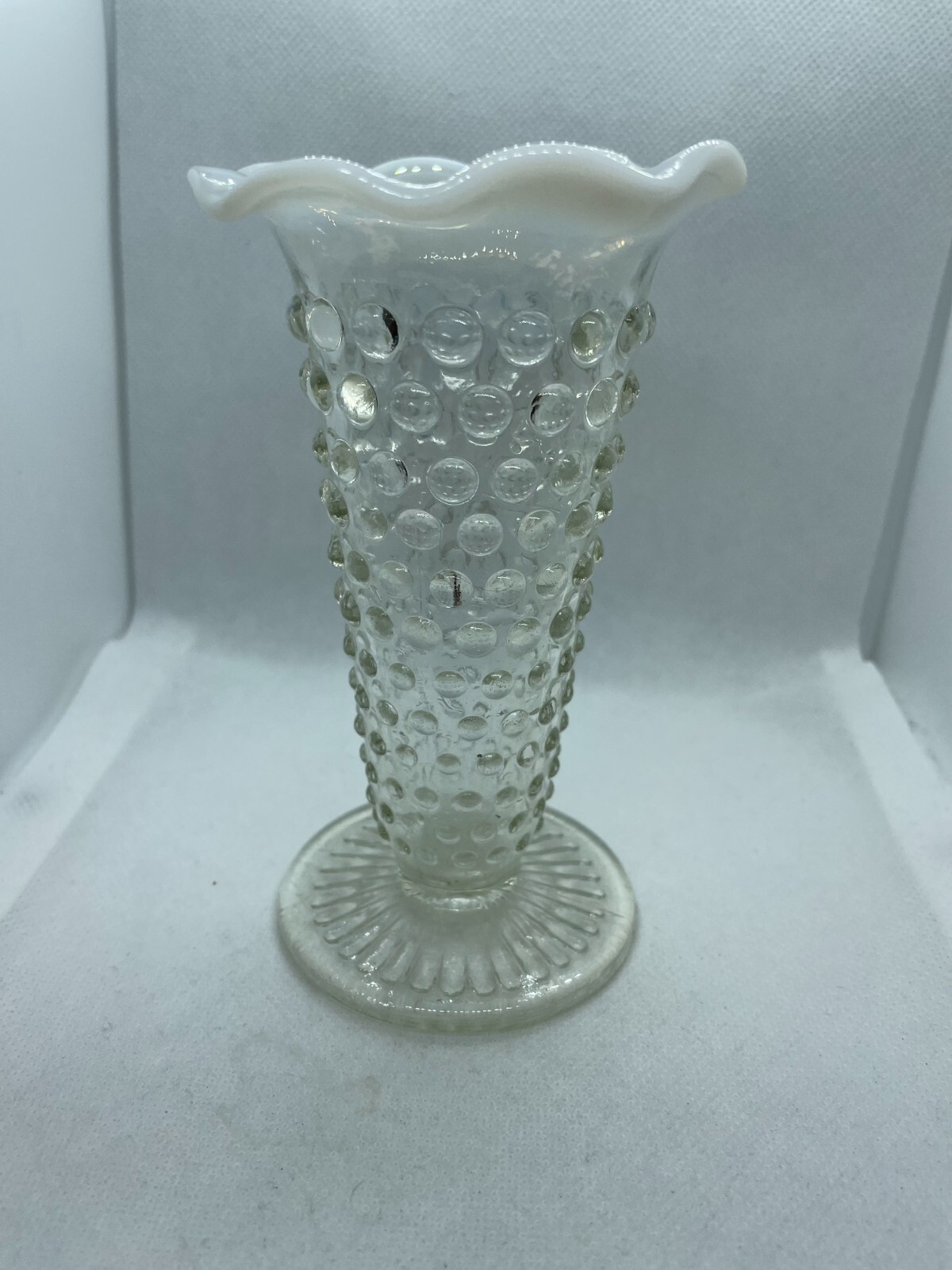 Vintage Hobnail Bud Vase Decorative Moonstone Frosted White Ruffled Edge