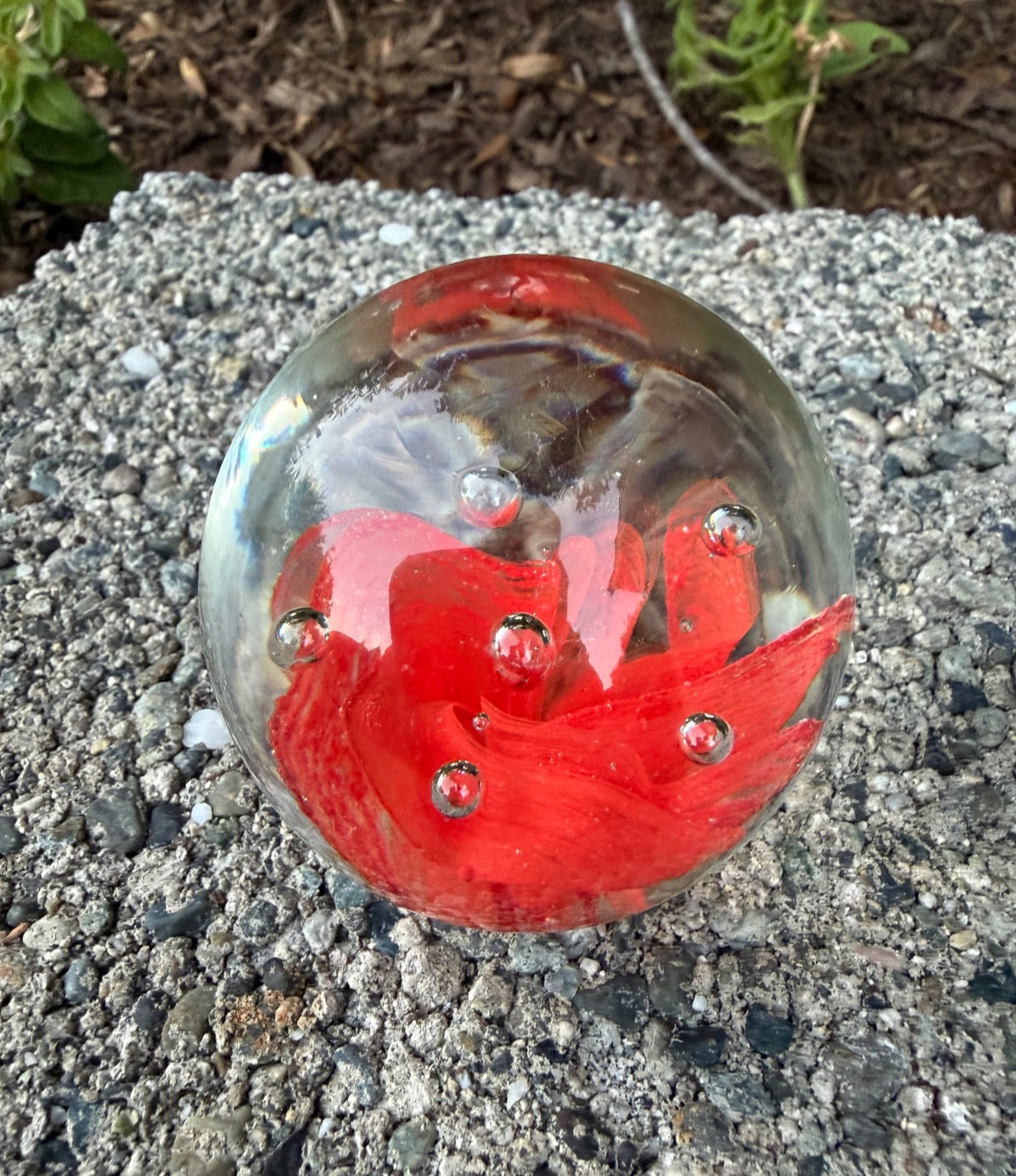 Vintage art glass paperweight Murano Style Orange Flower Encapsulated Sphere