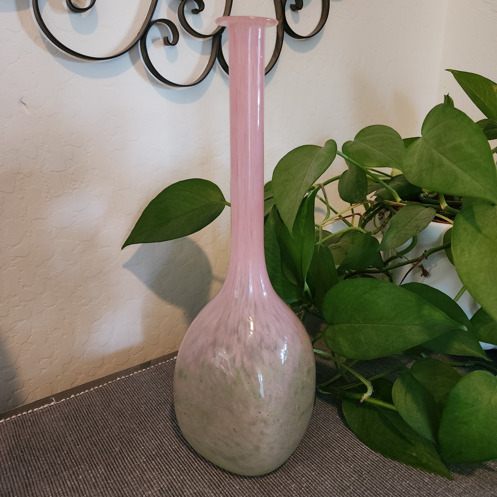 Pink Green Mottled Long Neck Art Glass Vase Home Decor 13″ Tall Square Base