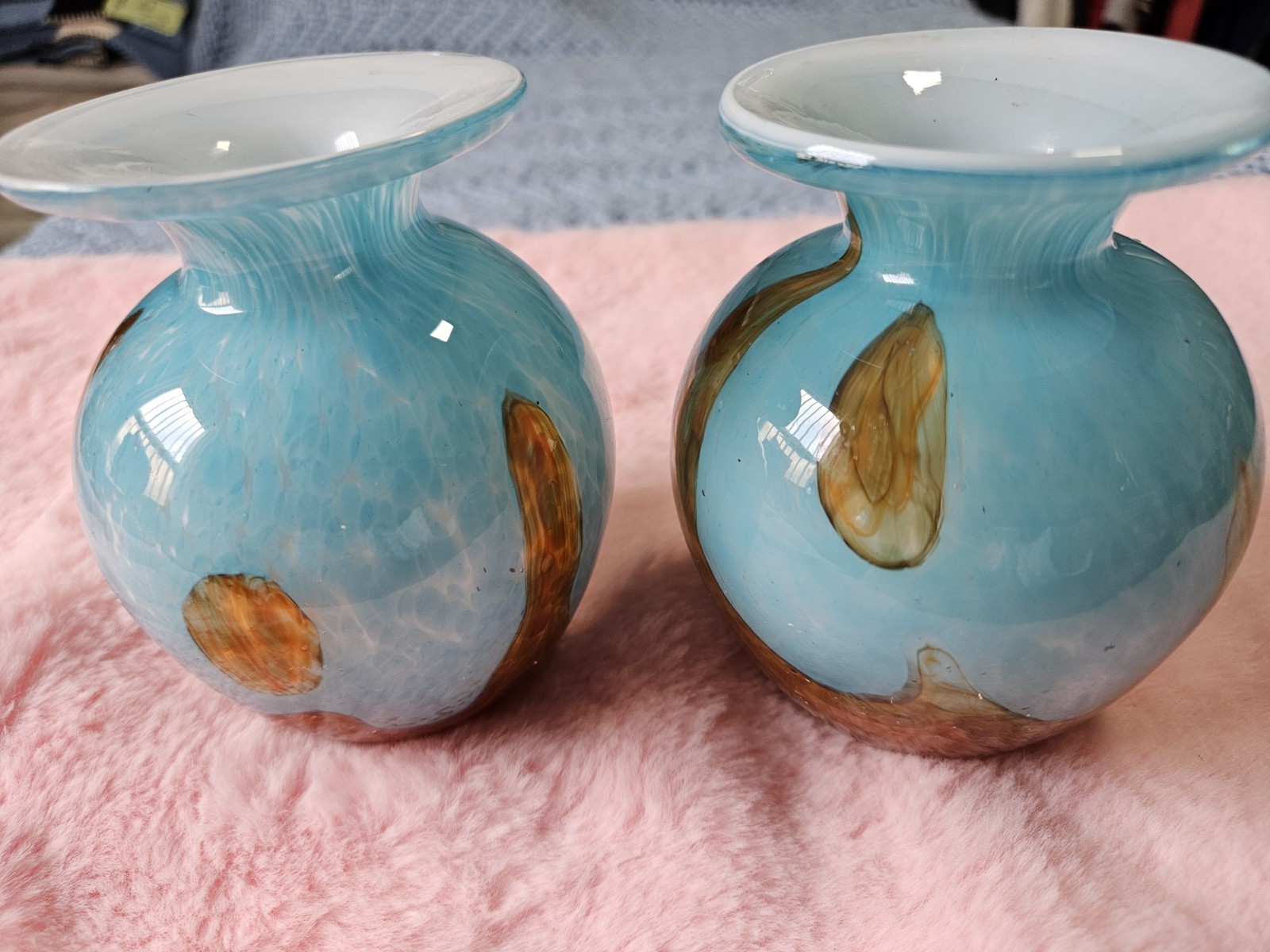 2-Hand Blown Art Glass Vase Multi Color Teal/blue & Amber
