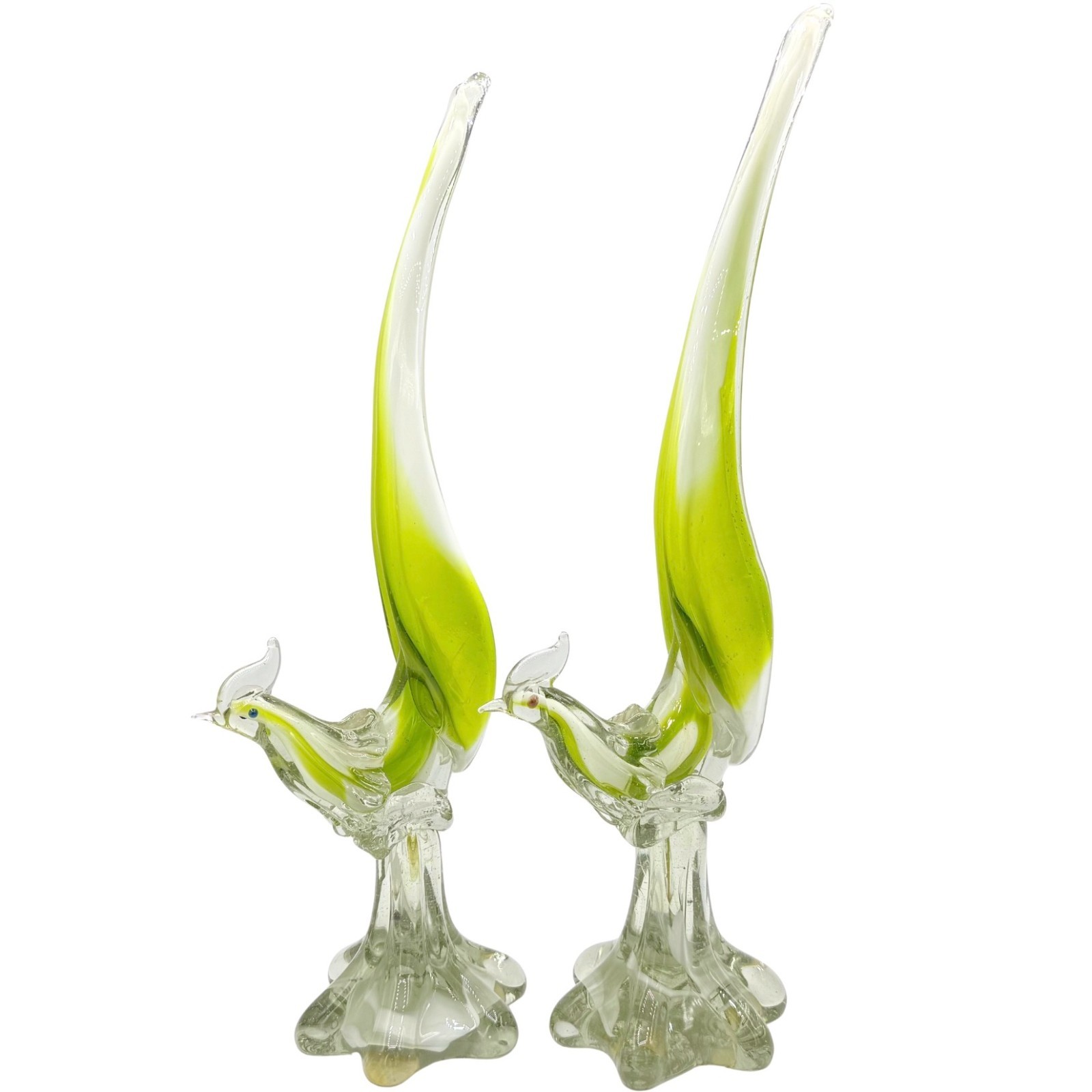 Vintage MCM Pair Chartreuse Italian Murano Art Glass 17″ Pheasant Bird Figurines