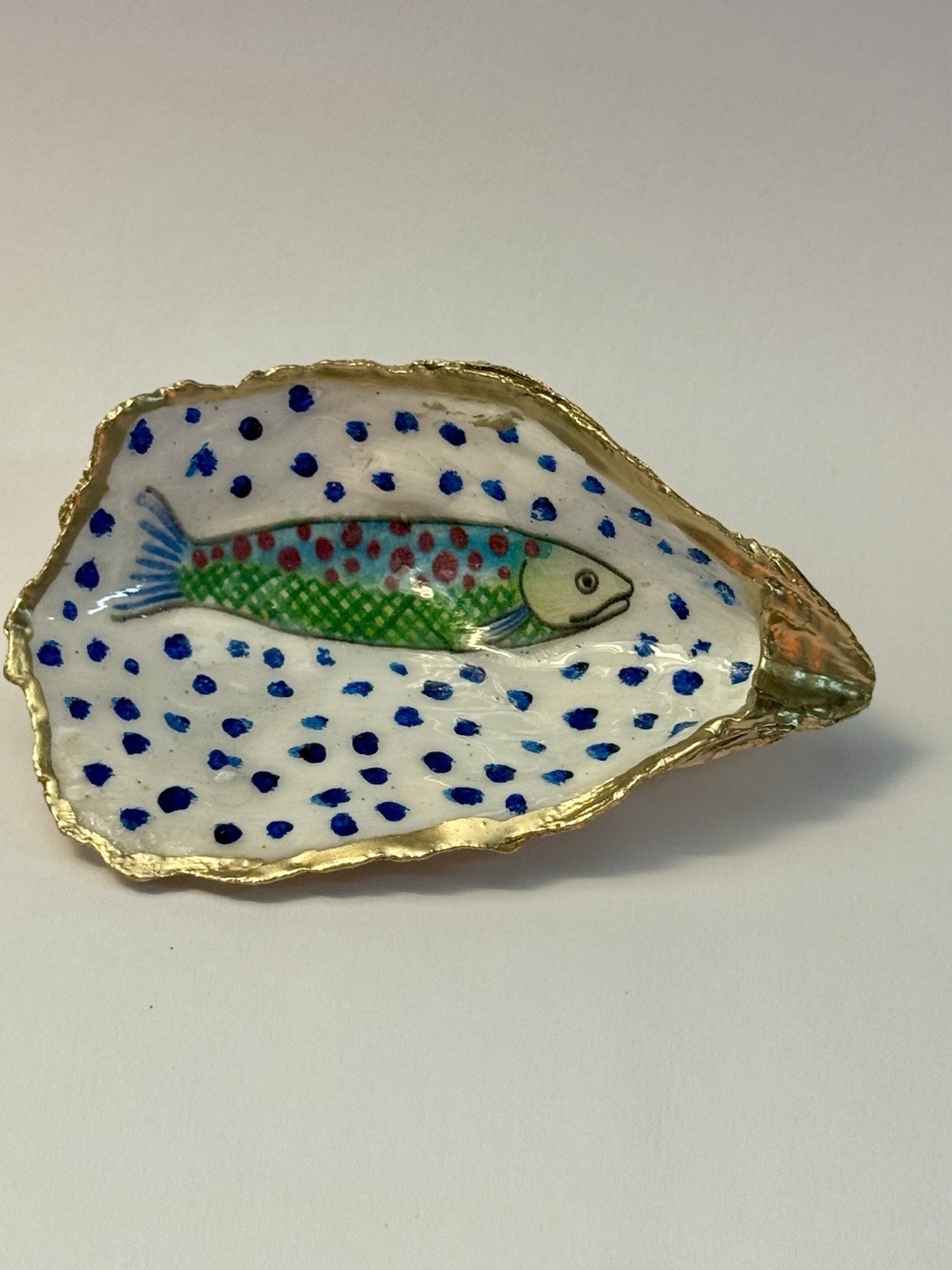 Handcrafted Oyster Shell Fish White Blue Polka Dot Gold Ring Trinket Dish Gift