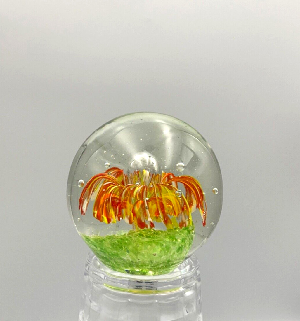 Glass Blown Art Glass Orange and Yellow Abstract Blooming Flower Paperweight
