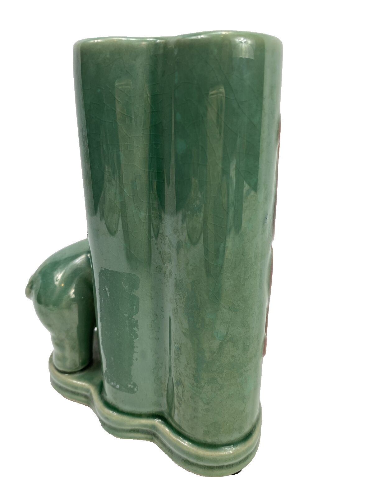 Vintage Art Pottery Shiny Glazed Heart Shape Green Bamboo Planter With Elephant