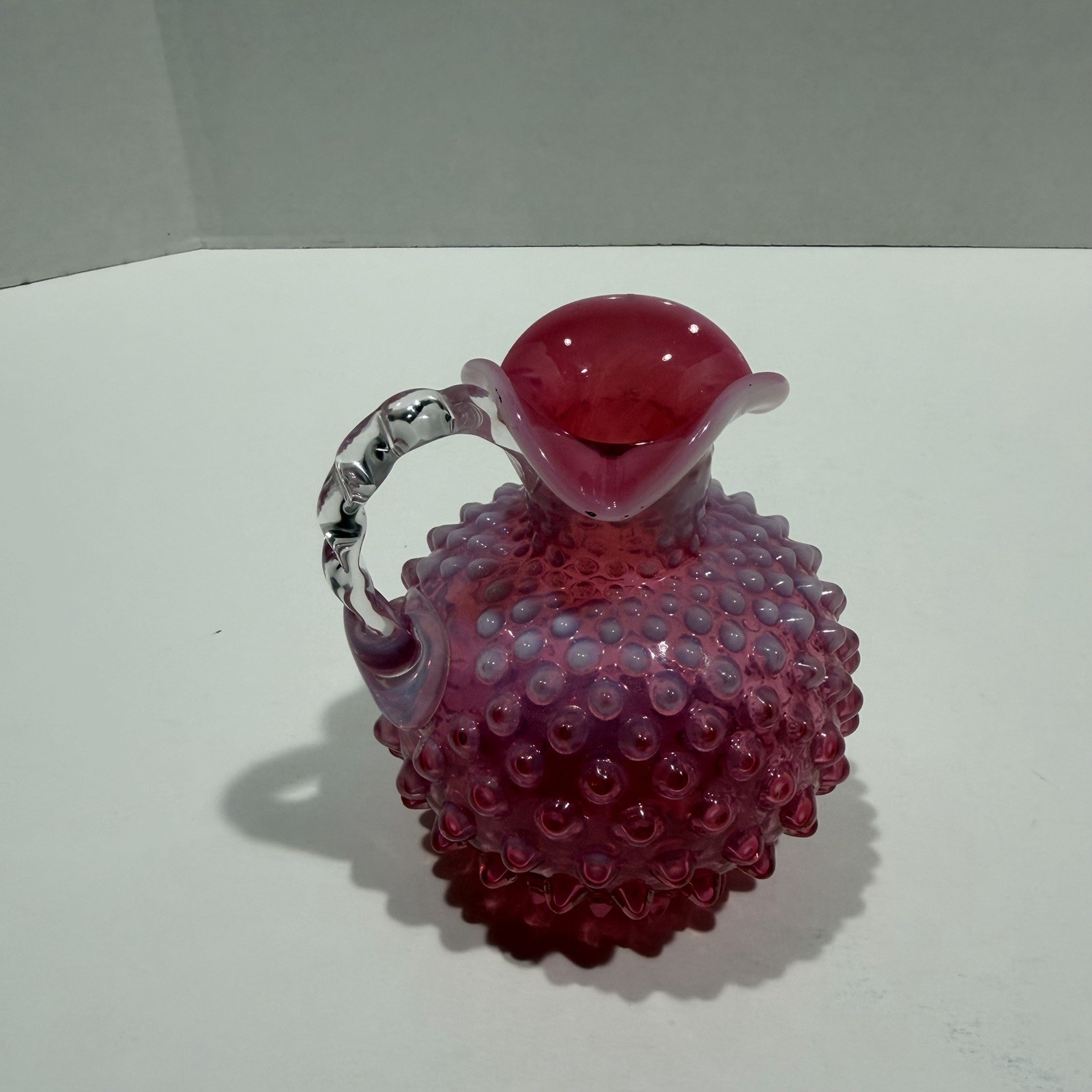 Cranberry Opalescent Glass Hobnail Cruet 4.75 Vintage Decorative Handle READ