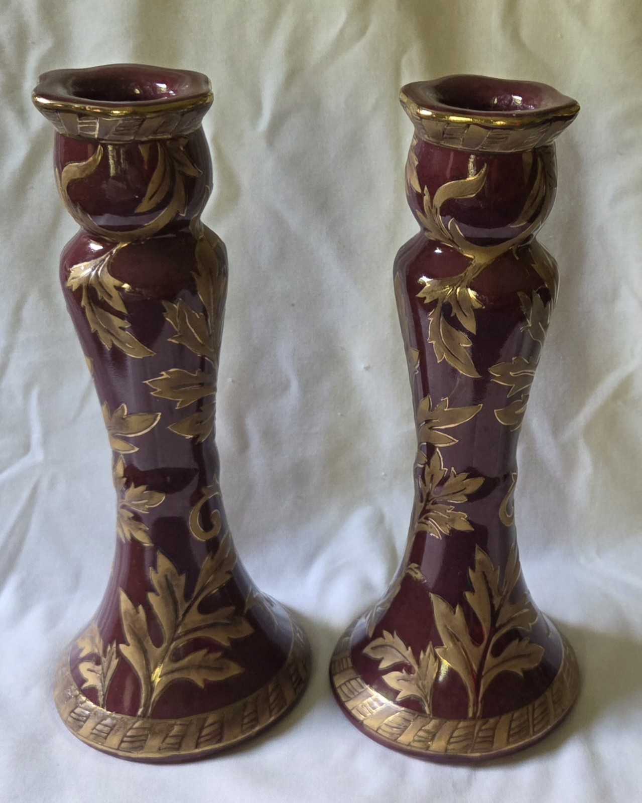 MATCHED PAIR ANDREA BY SADEK 10 1/2″ CANDLE HOLDERS CANDLE STICKS CHINA BURGUNDY