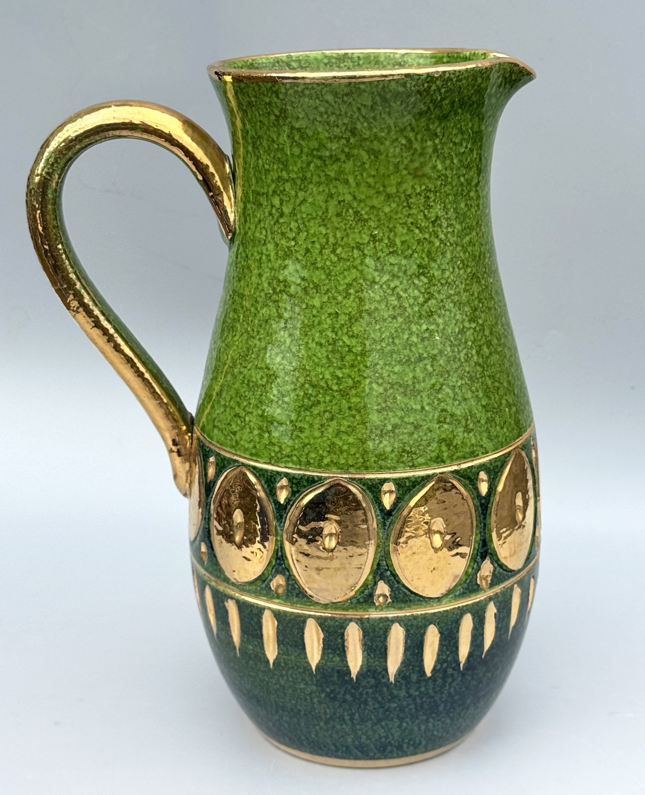 Italian Pottery Pitcher, Mid 20th Century, Green with Gold Accents, Italy