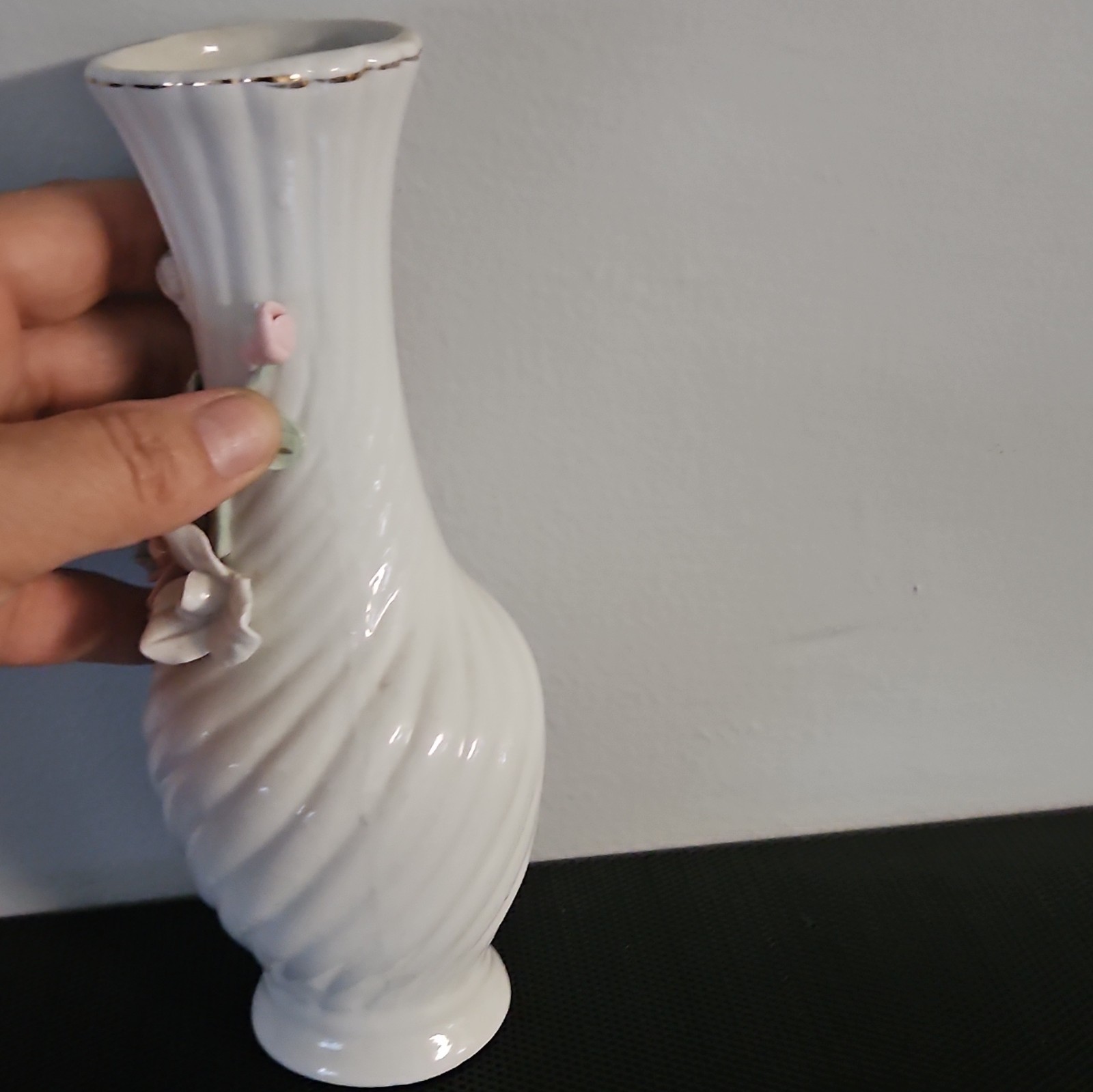 Vintage Pink Floral Vase Applied Flowers Glossy Decorative China