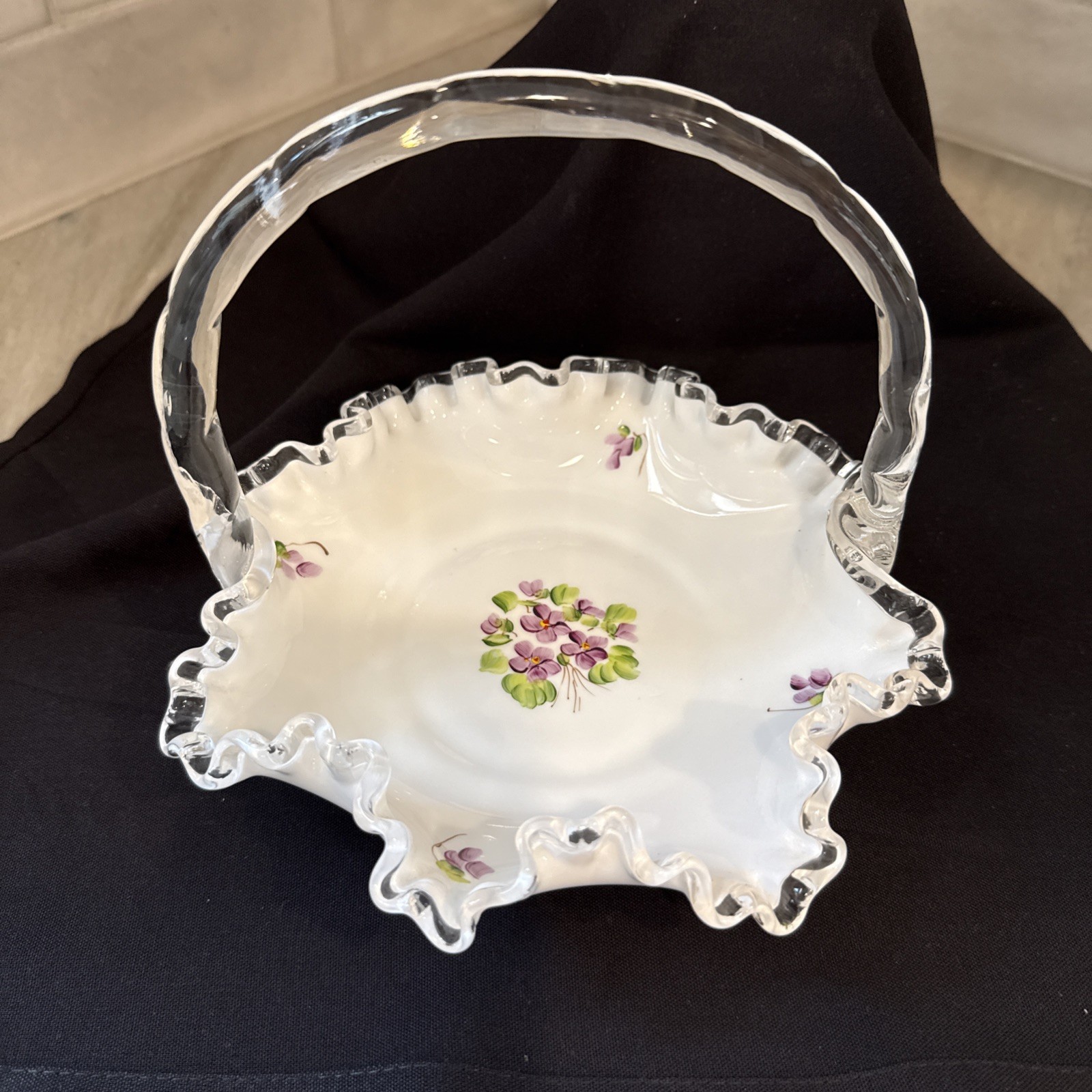 Fenton Basket Silver Crest Violets in Snow Flowers Spanish Lace Excellent