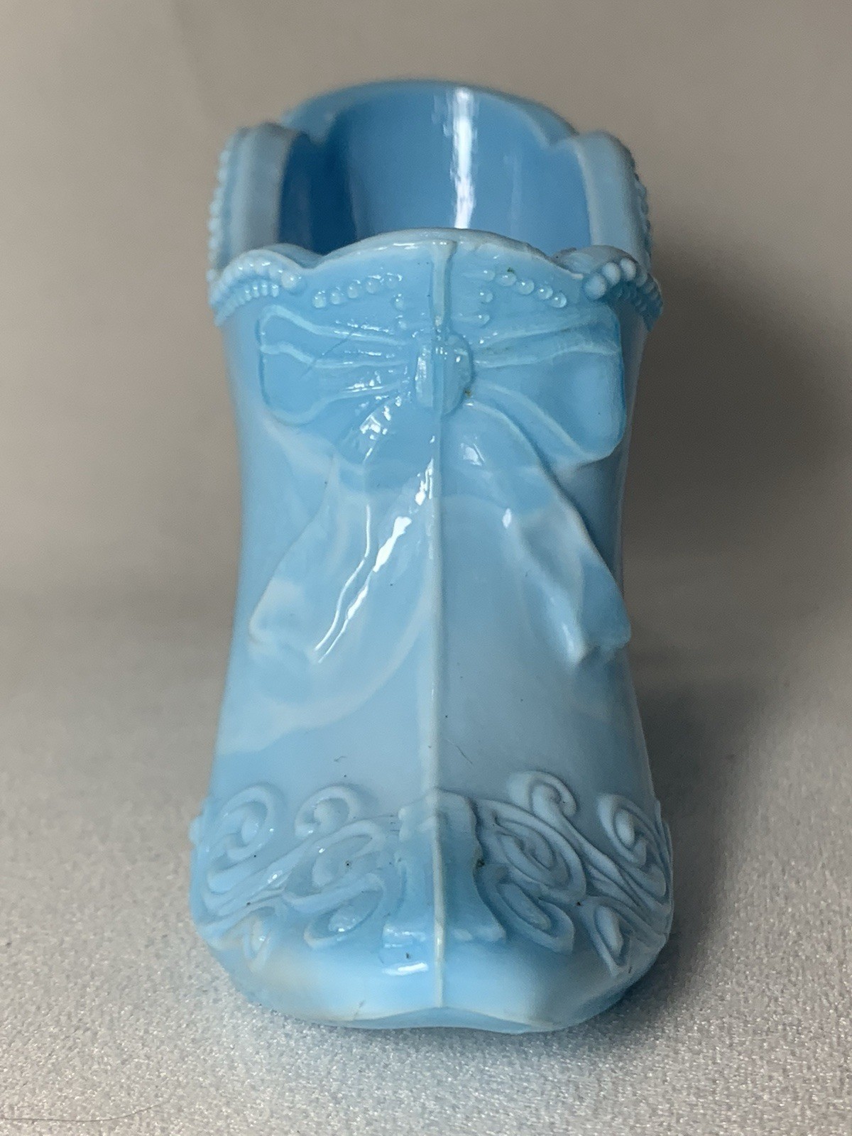 Vintage Mosser Light Blue Slag Glass Art High Heel Bow Slipper Shoe #87