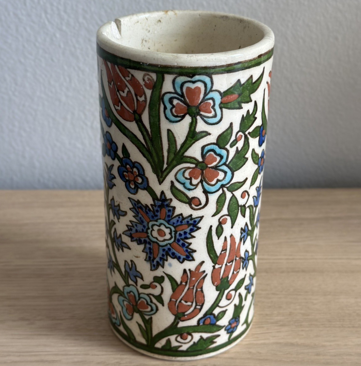 Turkish Iznik Style Pottery Vase With Enamel Flowers Mid 20th Century – As Is