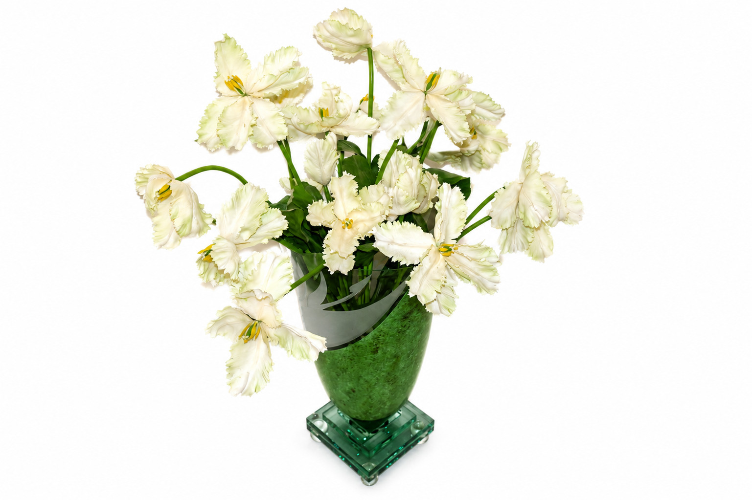 Faux Parrot Tulip Arrangement Green Art Glass Vase Tiered Glass Base Floral