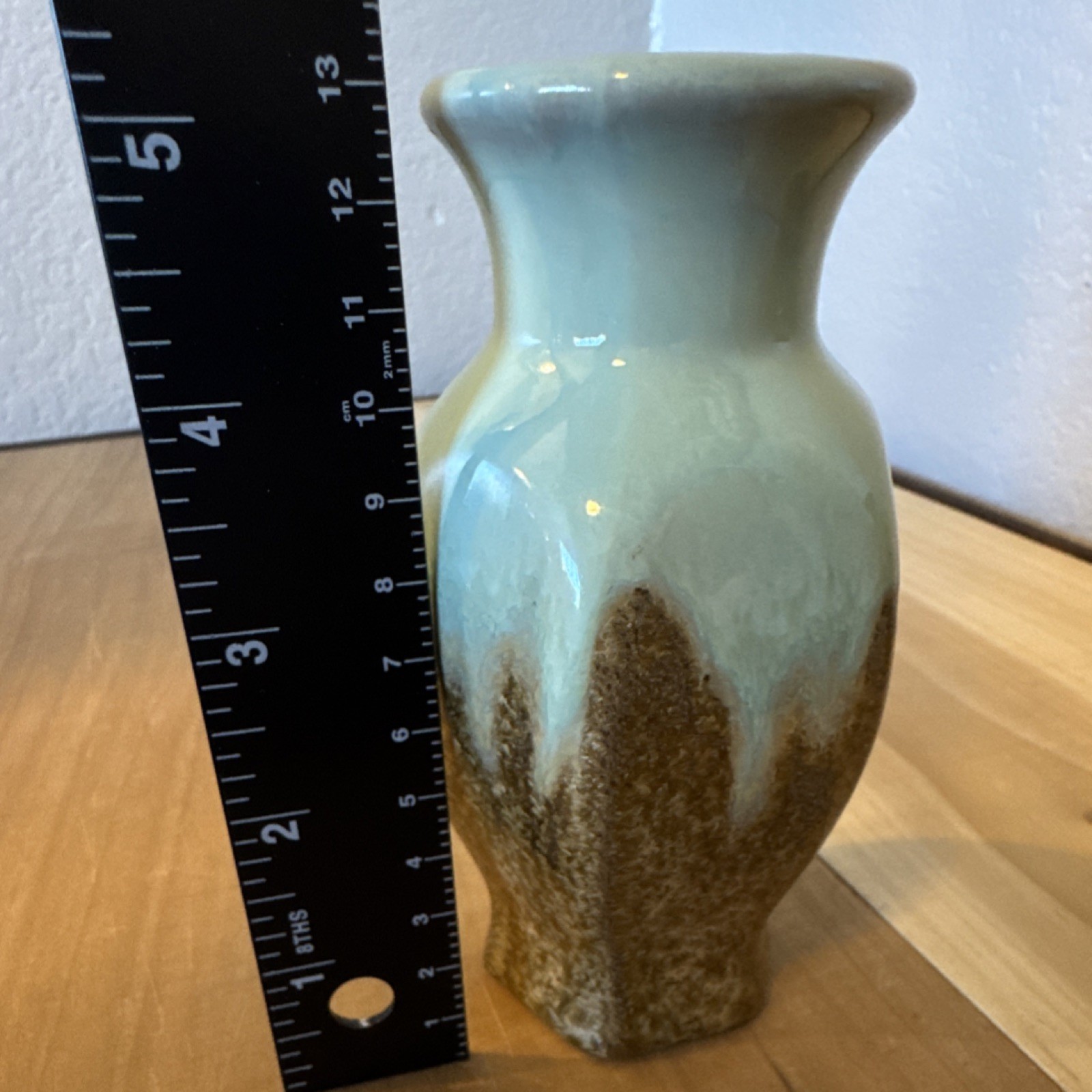 Pair Ceramic Drip Glaze Bud Vases Turquoise Light Blue Brown Art Pottery Glossy