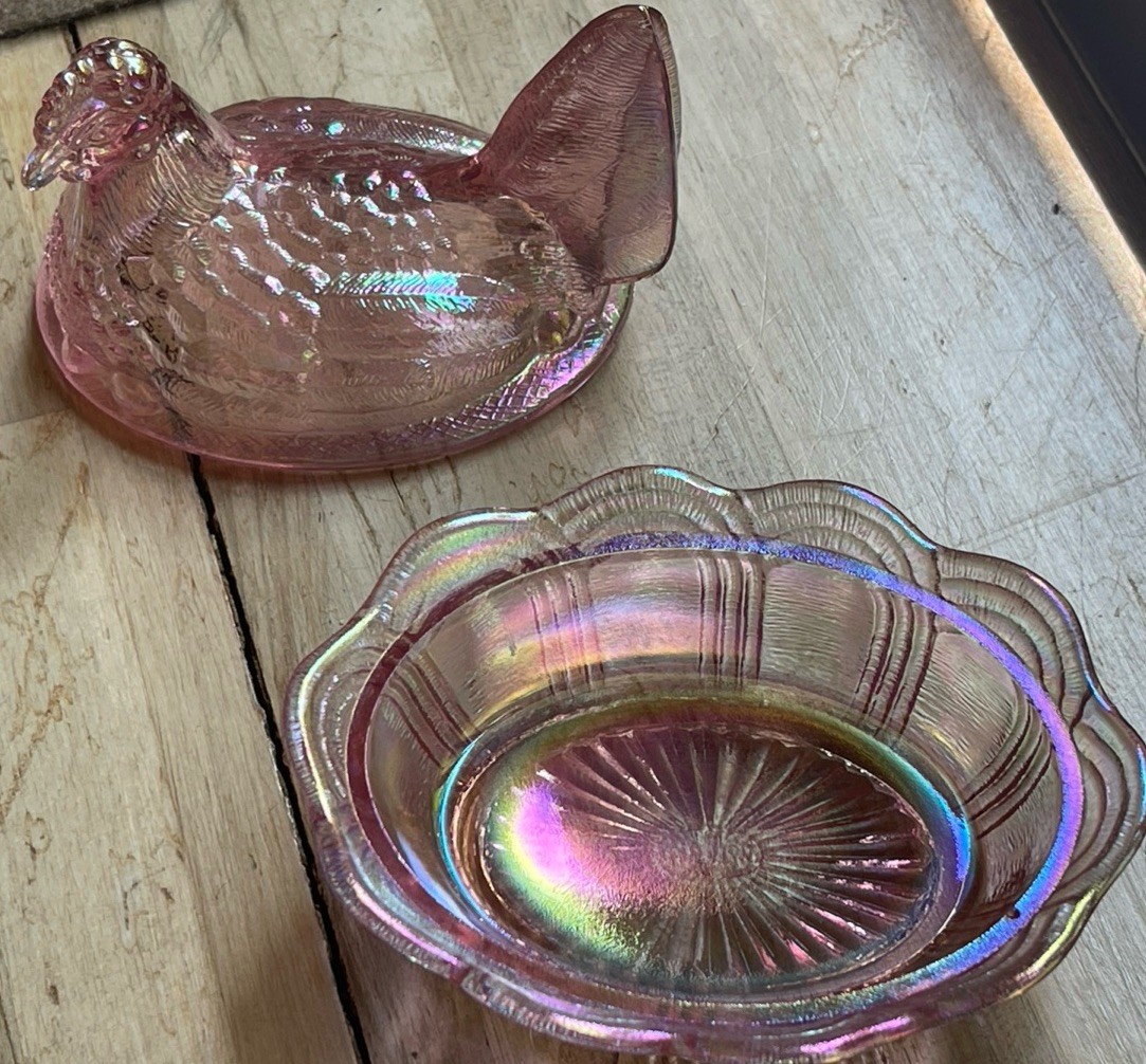 Vintage 1970 Fenton Pink Carnival Glass Hen on Nest 5.5 Covered Dish Iridescent