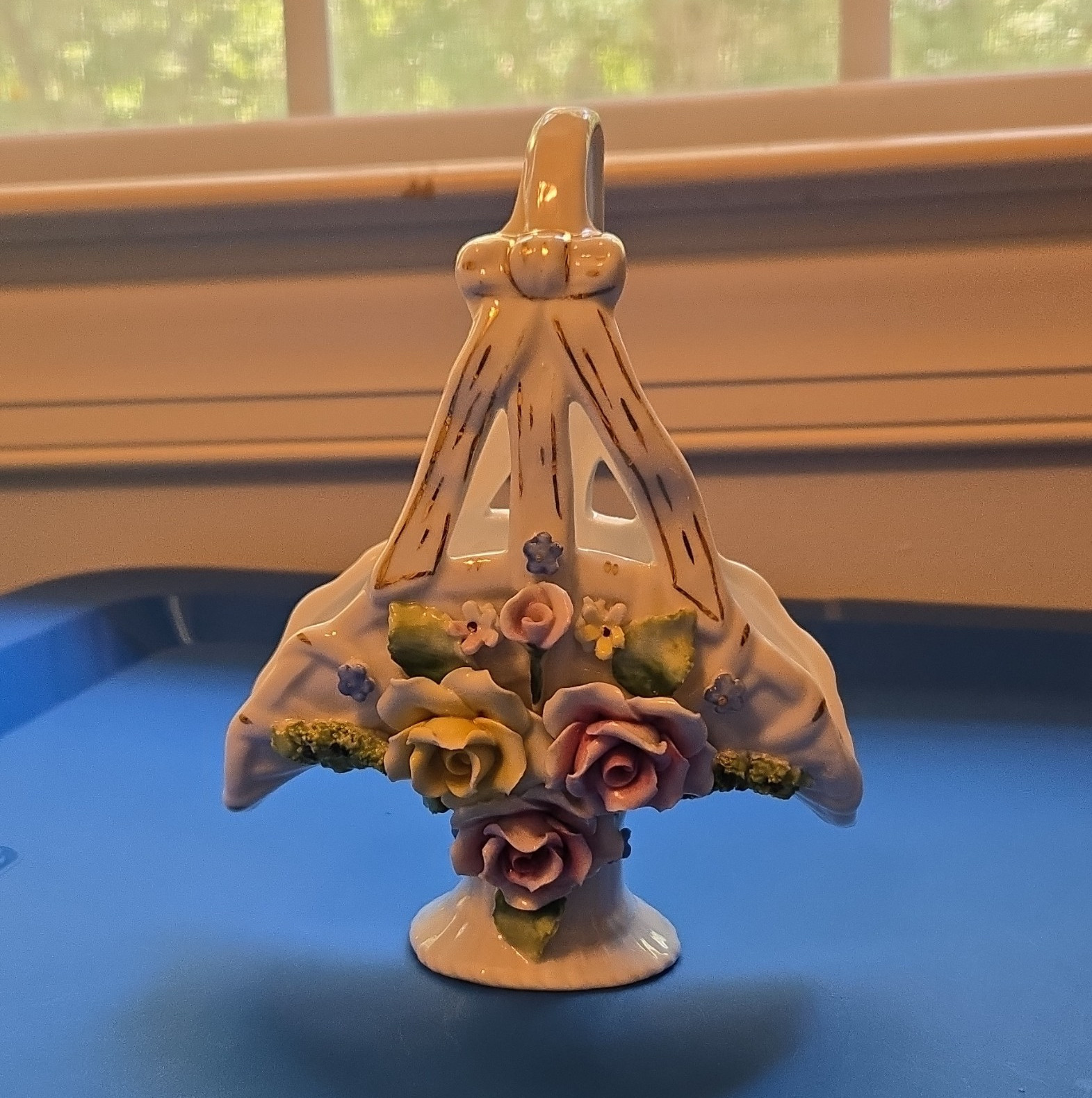 J & B Block Germany Porcelain Floral Flower Basket Handle 8x8x5 1/2″