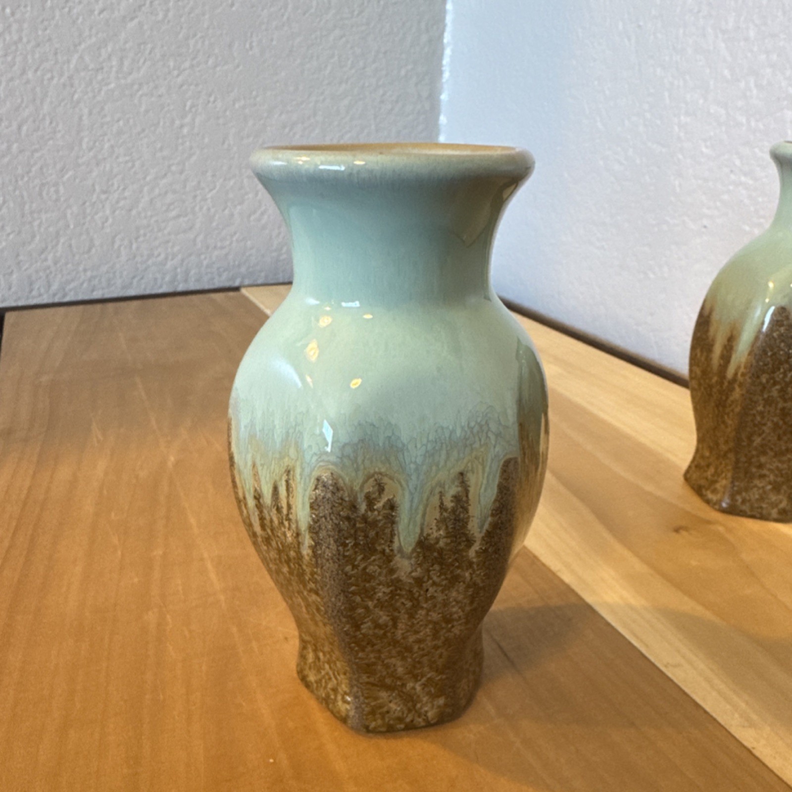 Pair Ceramic Drip Glaze Bud Vases Turquoise Light Blue Brown Art Pottery Glossy