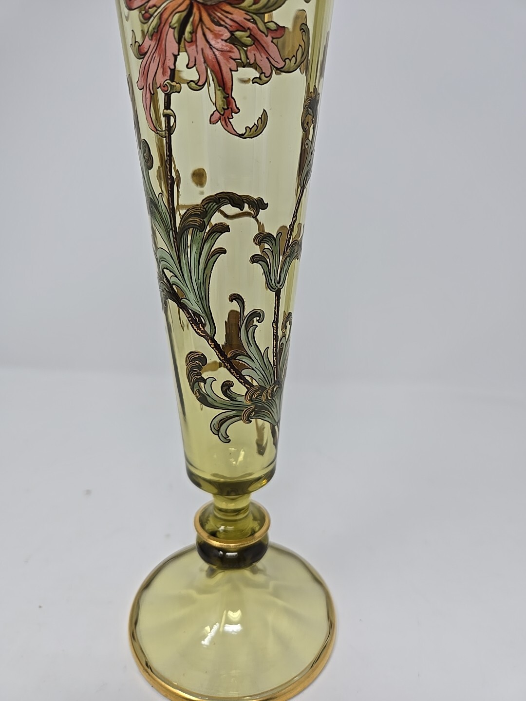 Theresienthal Moser Style Chartreuse Optic Molded Enamaled Floral Vase 11″