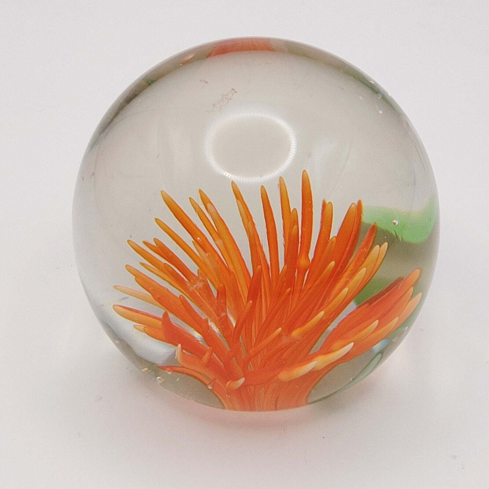 Dahlia or Zinnia Flower Orange Pointed Petal Small Clear Art Glass Paperweight