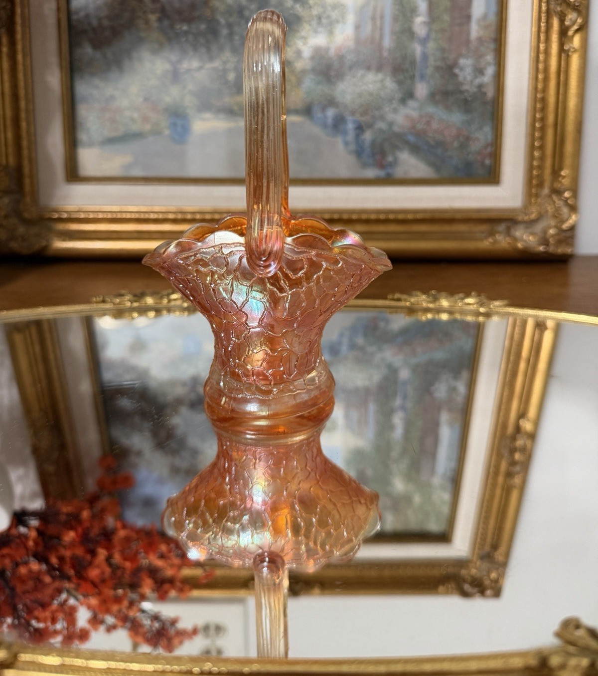 Orange Iridescent Crackle Carnival Glass Oval Decorative Basket Handle 7″