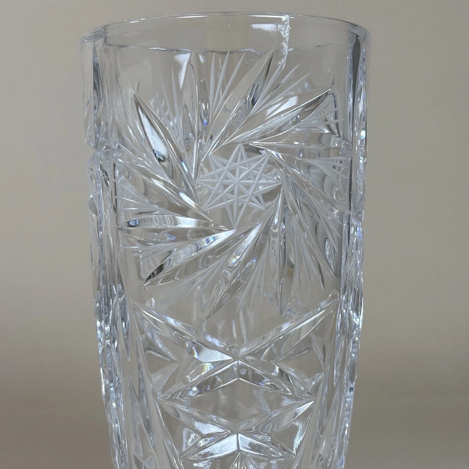 Crystal Cut Vintage Glass Vase ~ Starburst Design, Pinwheel 8” Tall