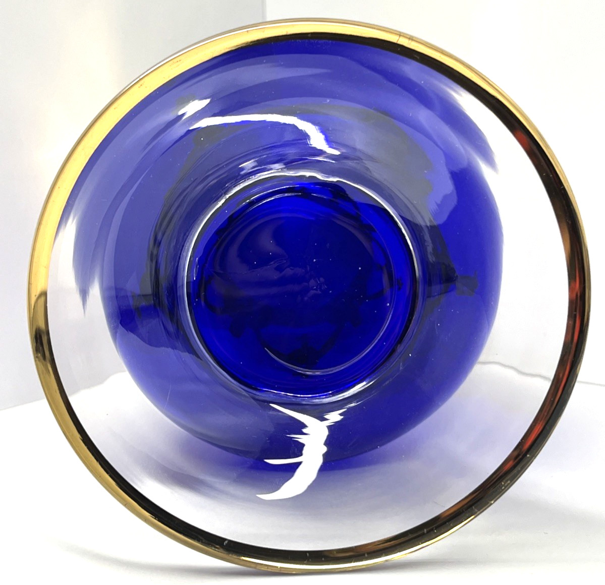 Ornate Italian Centerpiece Vase Sapphire Electric Blue Glass W/Gold Lrg 9″ Vtg