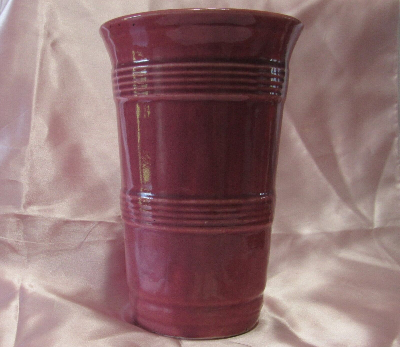 Art Deco Art Pottery 8 Inch Maroon Dusty Rose Banded Rib Vase A1870