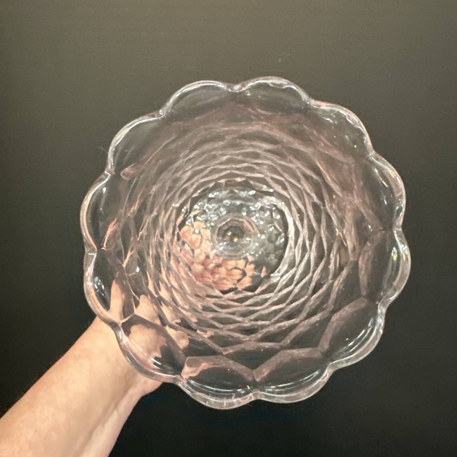 EAPG Victorian Honeycomb Clear Manganese Glow Celery Vase 8.5” With Defect