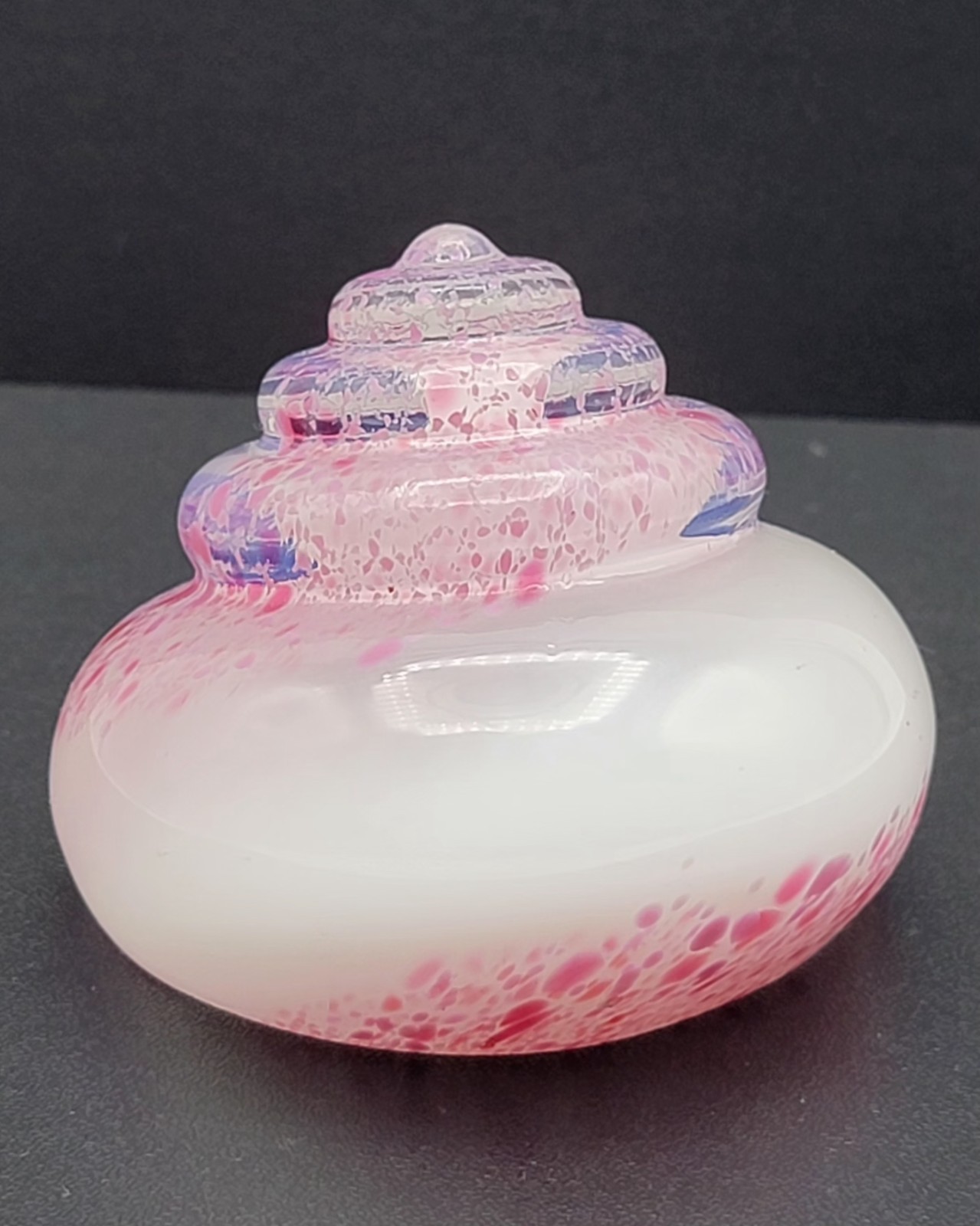 Art Glass White Mould Blown Cut Glass Pink Spatter 1980’s Small Paperweight 2.5″