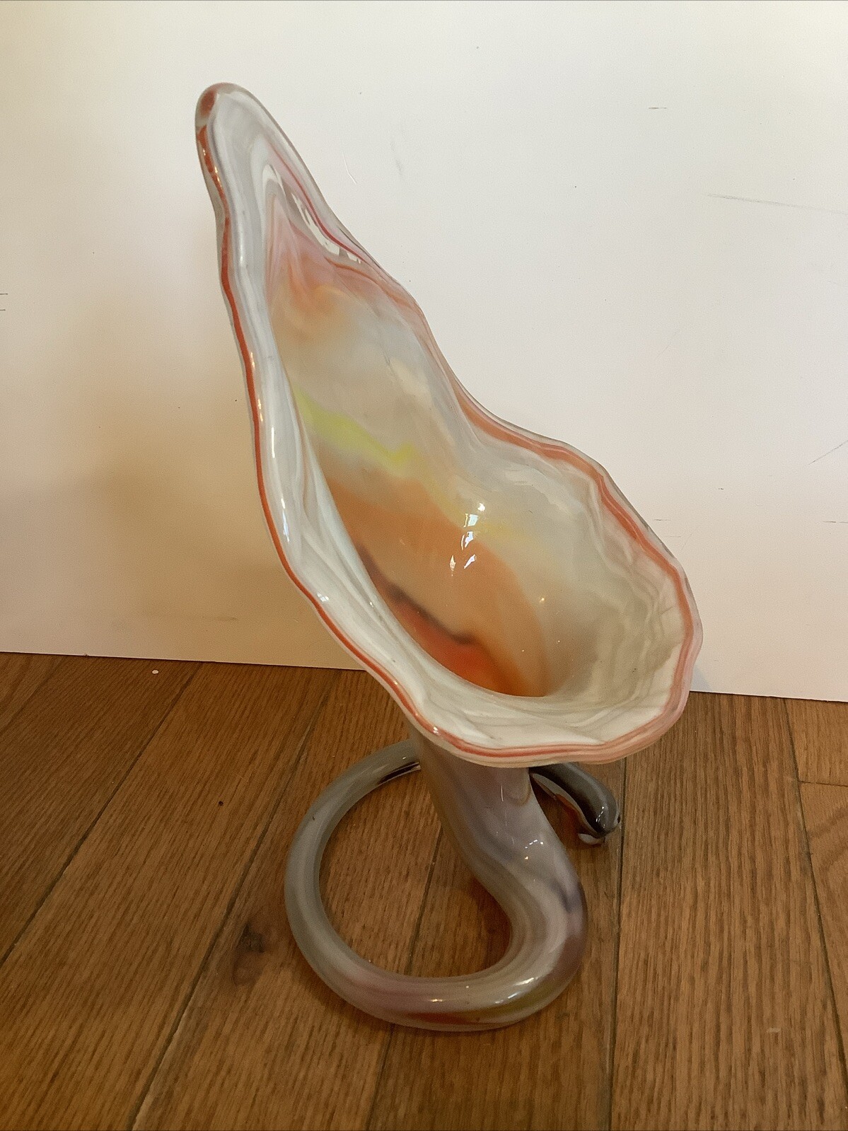 Vintage Hand Blown Orange And Yellow Art Glass Swirl Twisted Stem Vase MCM