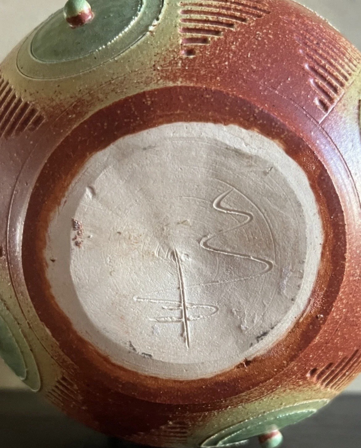Studio Pottery Vase Green Brown Beige Geometric Design Signed Incised