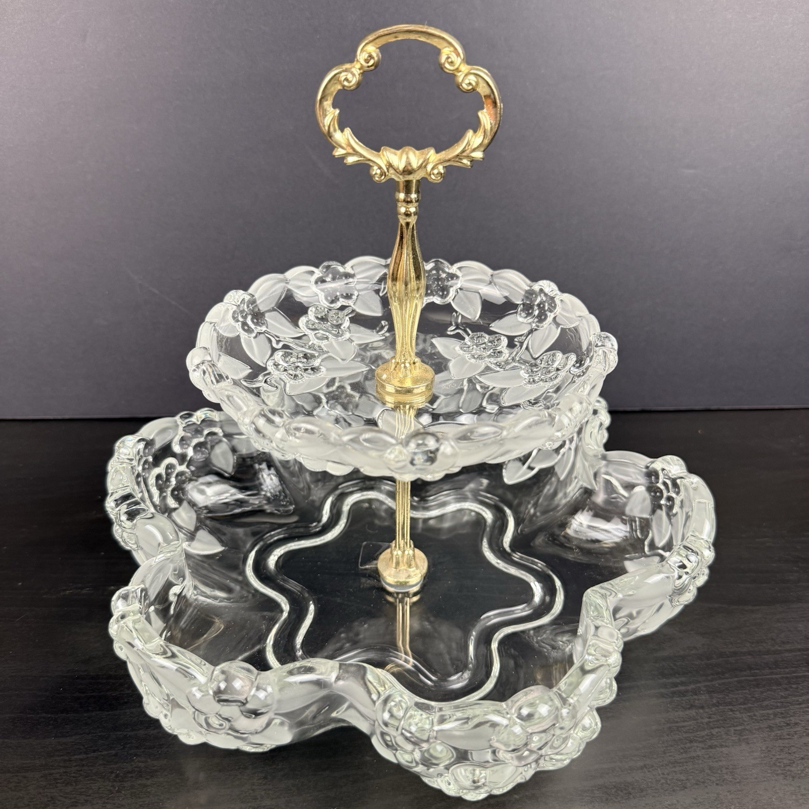 Vintage Mikasa Walther Glas Germany Crystal 2 Tier Server Frosted Floral Gold