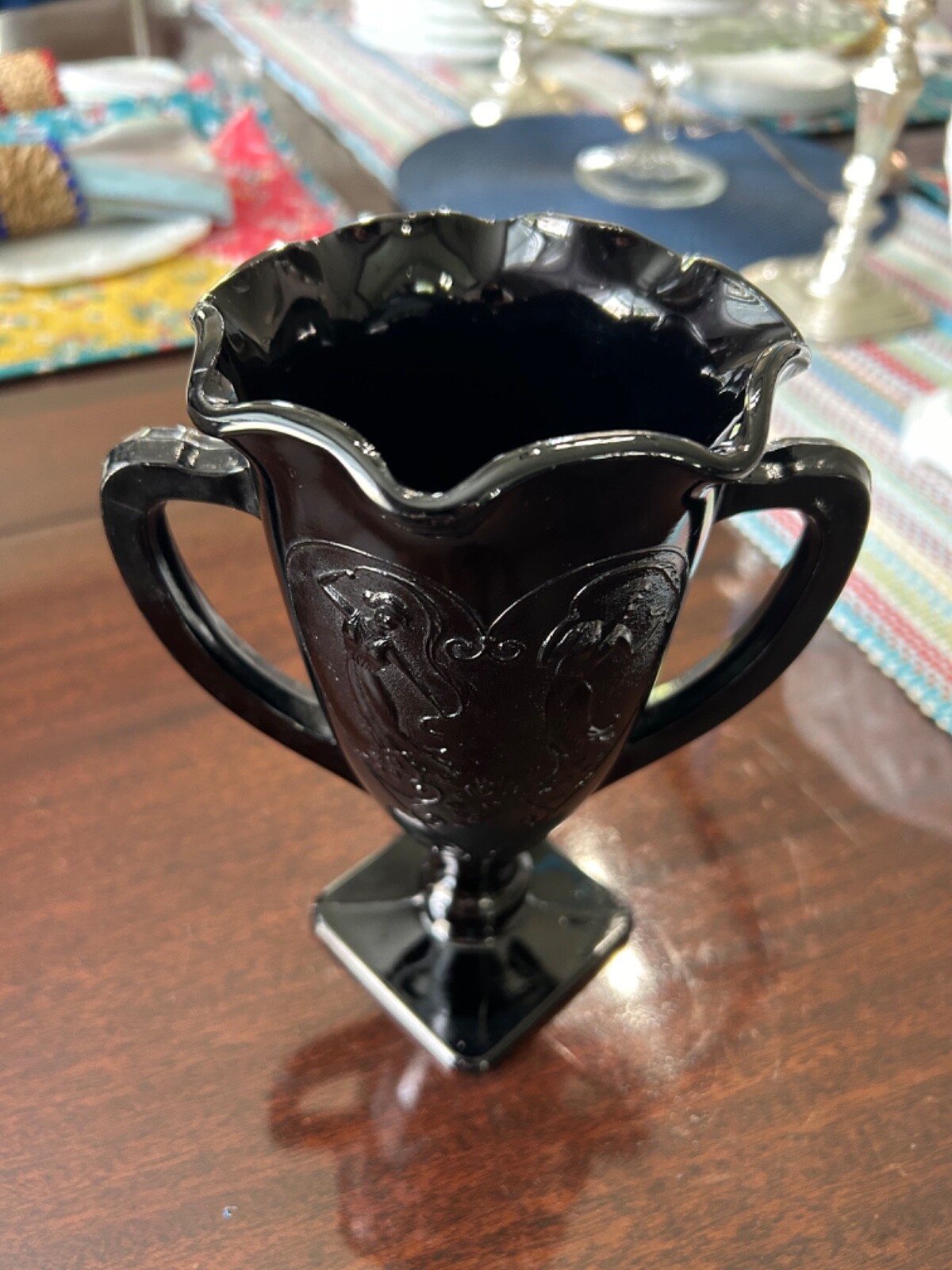 Vintage 1930’s LE Smith Black Amythest Glass Trophy Vase Dancing Nymph App 7 ¼”
