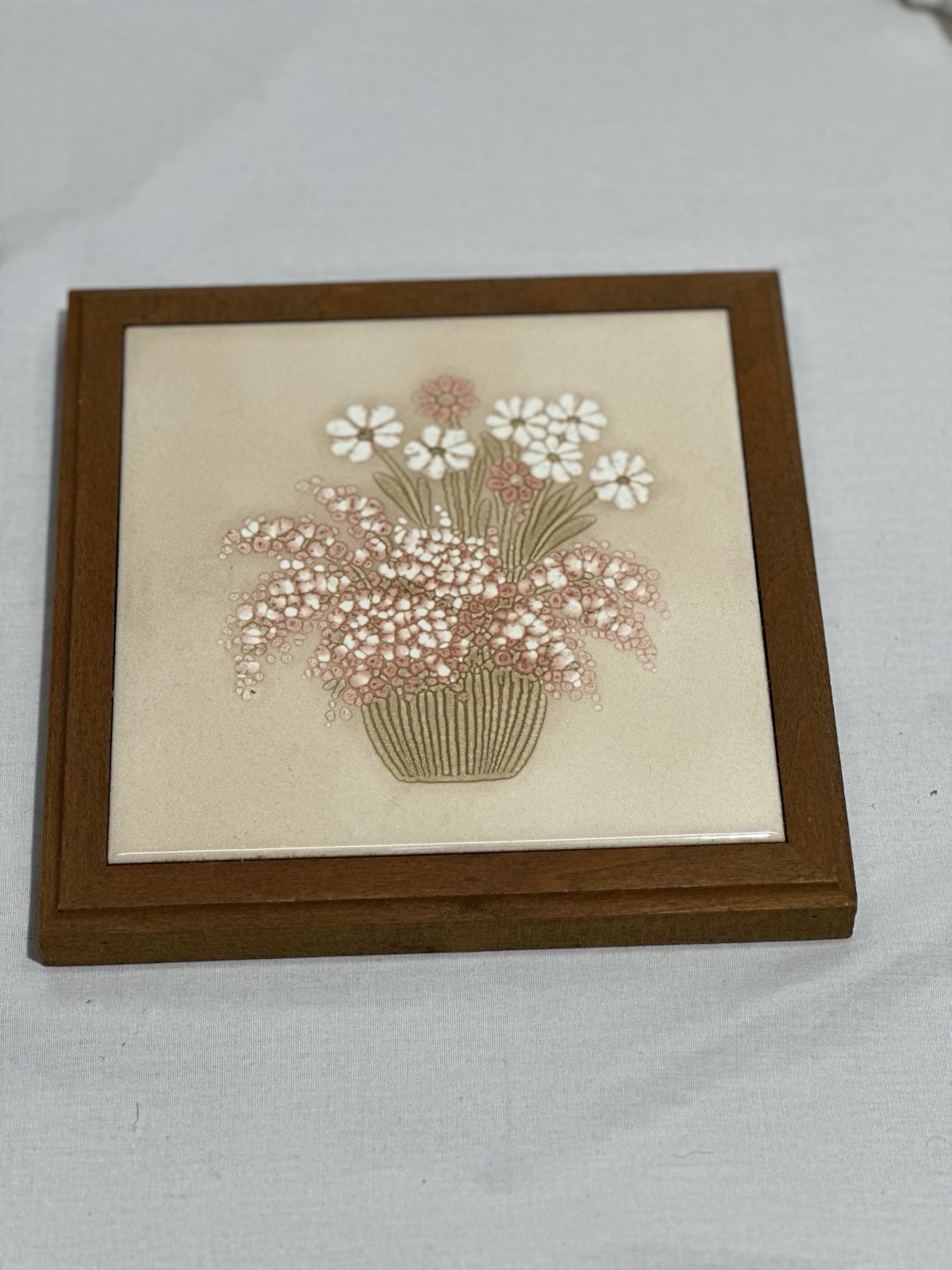 Vintage Italian Ceramic Tile Trivet Floral Flower Basket Wood Frame 1980s Italy