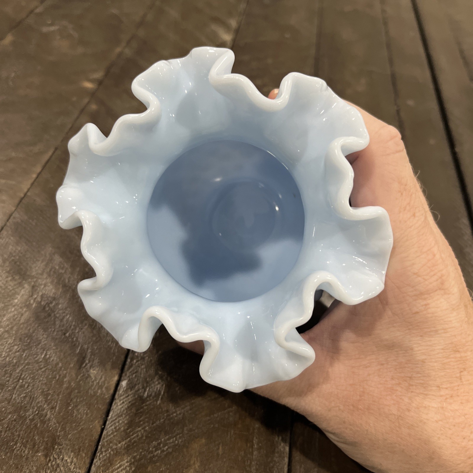 Vtg Fenton Delphite Blue Milk Glass Hobnail Double Ruffle Vase 4 1/4″