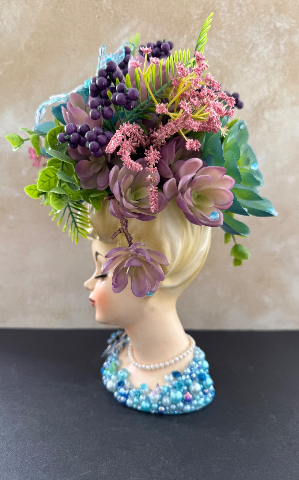 VINTAGE LADY HEAD VASE INARCO OOAK REIMAGINED “BLUE BUBBLES” OUTSTANDING 12”