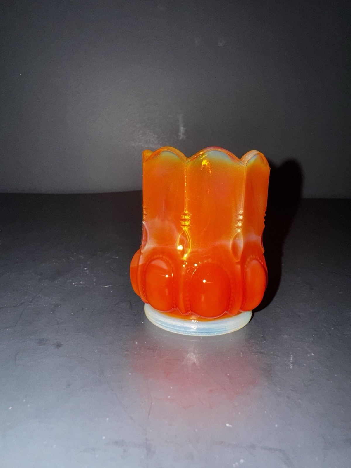 Vtg. Degenhart Orange Slag Glas Beaded Medallion Oval Knob Toothpick Holder