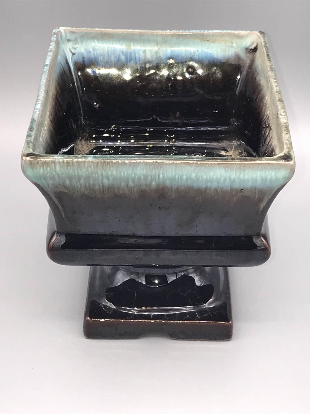 Vintage Ceramic Pedestal Planter Brown w/Green Drip Rim Preowned 5.75×4.75”