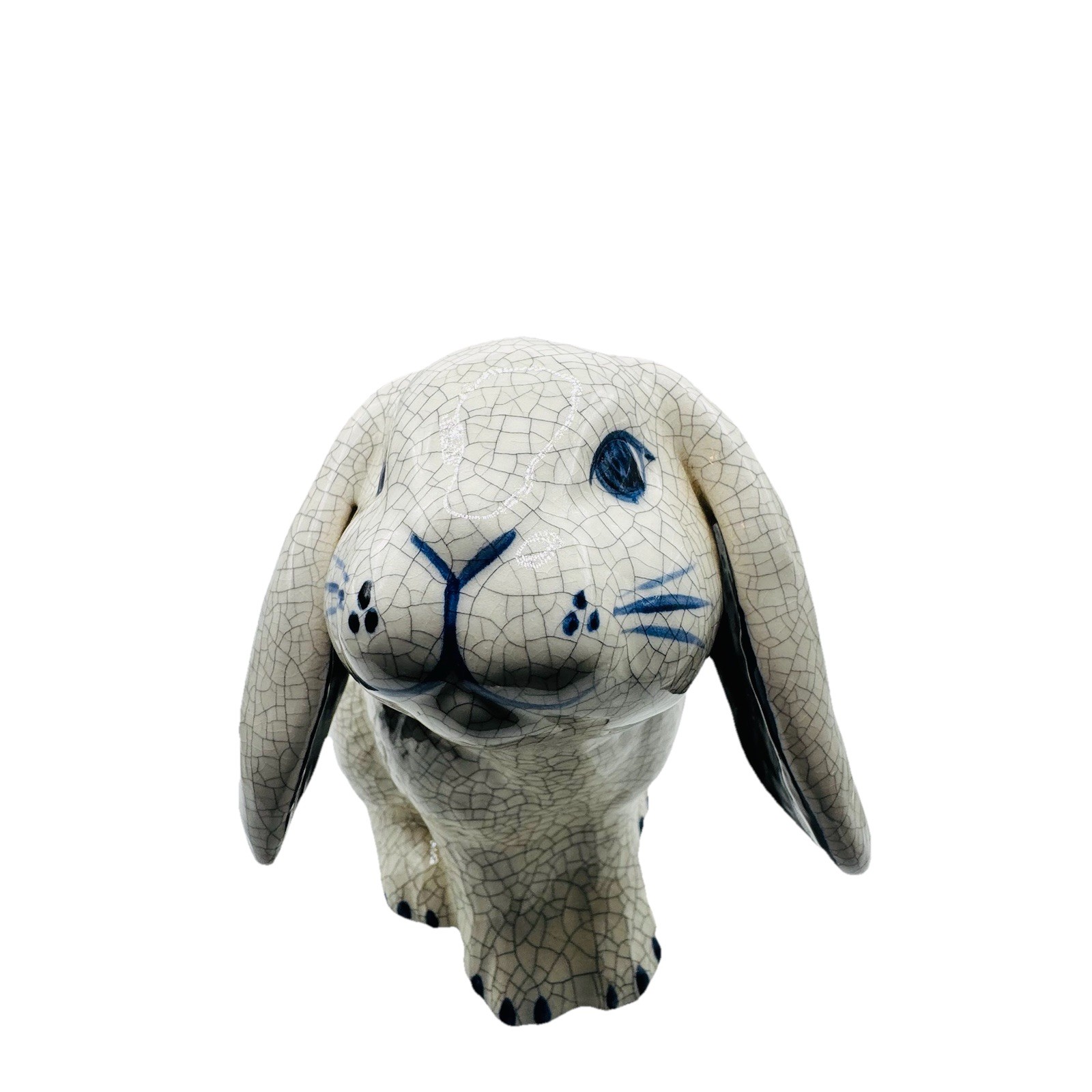 Dedham Potting Shed Large Bunny Rabbit Figurine Pottery Blue White Crackle 5.25″