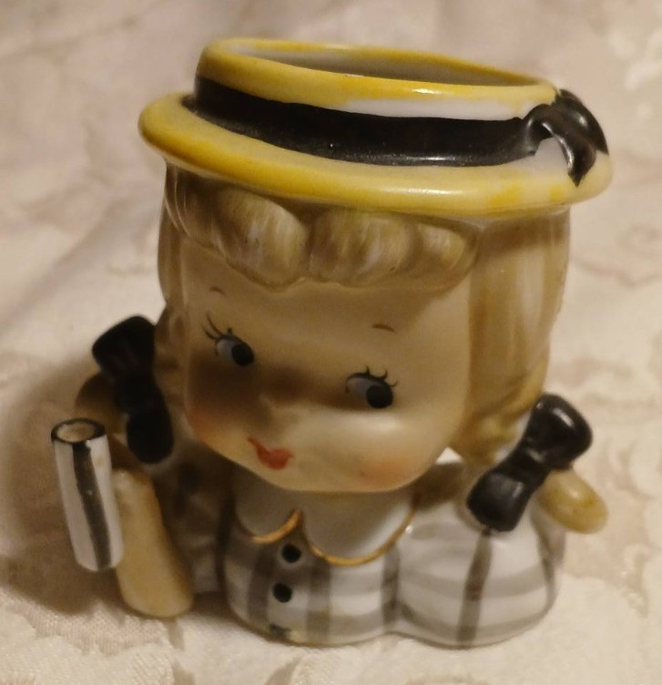 Vintage Umbrella Girl Headvase 1960s Plaid Japan No Umbrella