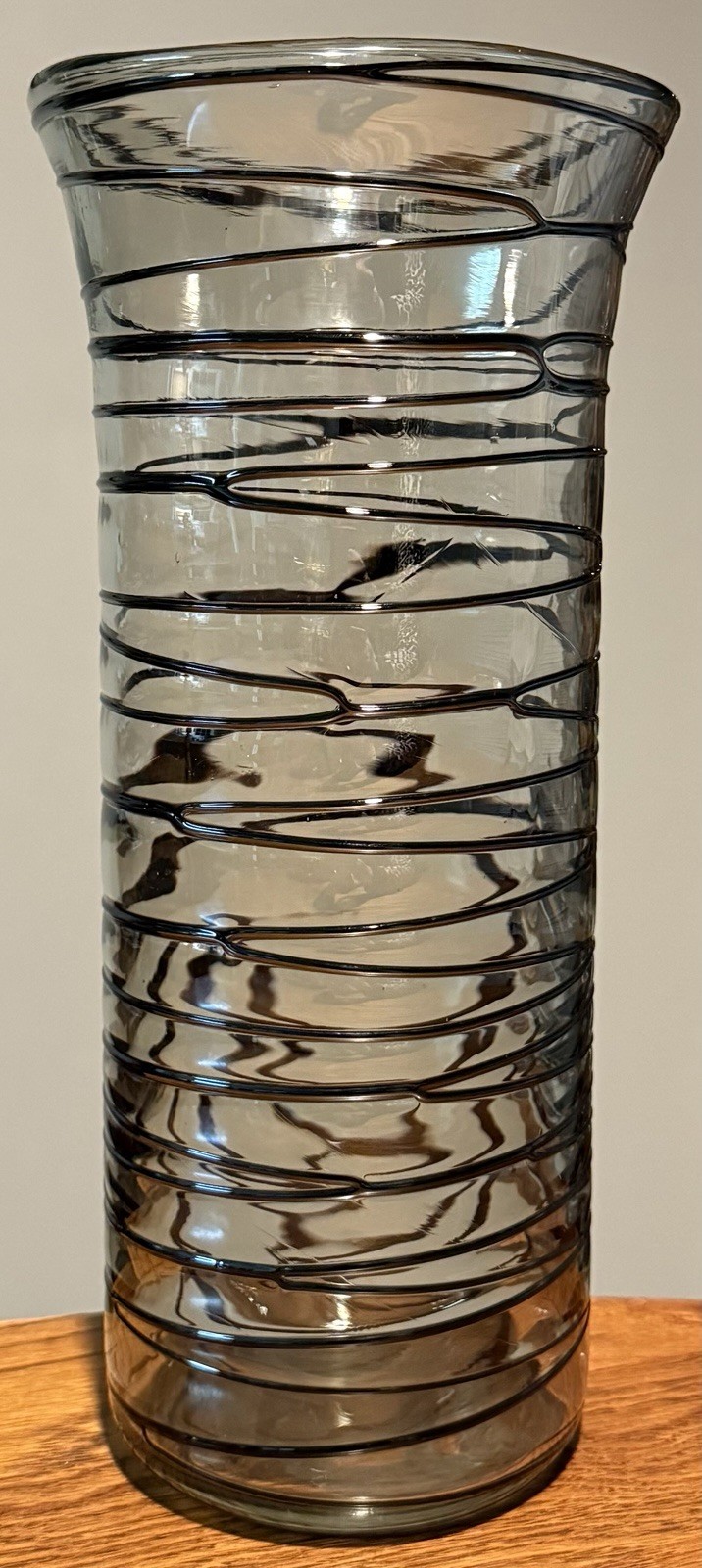 Murano Style Smoke Gray Art Glass Vase Black Applied Spiral Trail 12 Inches Tall