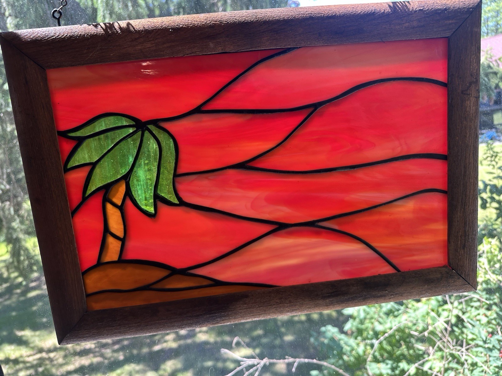 VTG Stained Glass Sunrise Sunset Sun Stained Glass Suncatcher Orange Palm Tree