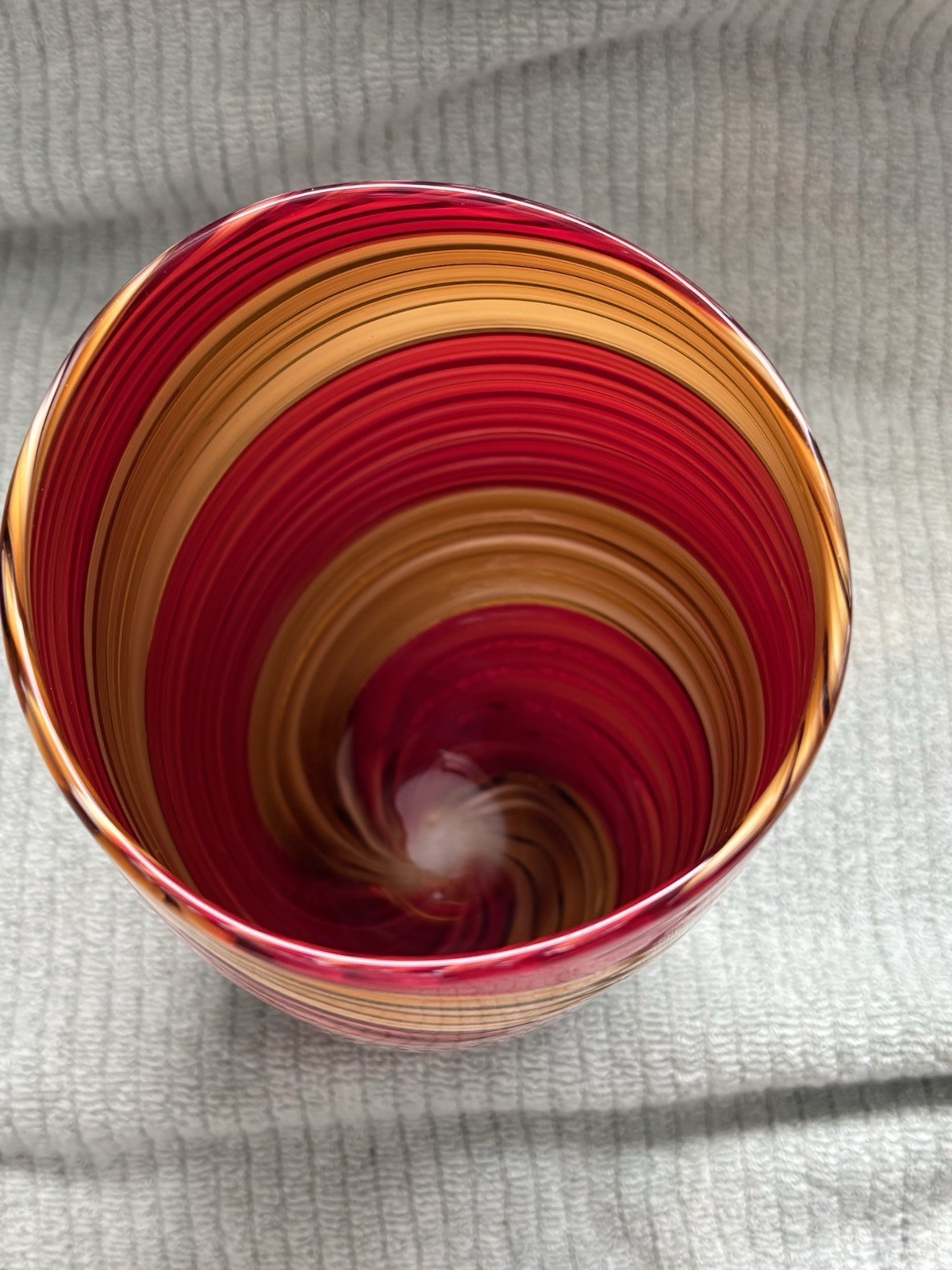 Large Handblown Red & Gold Swirl Art Glass Vase Round Murano Style 10 1/4″