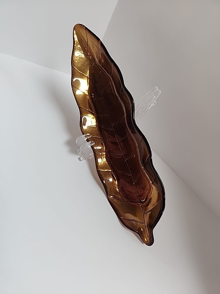 VTG Amber Art Glass Nature Leaf w/ Stem Shaped Trinket Dish 11 1/4″ Fall Decor
