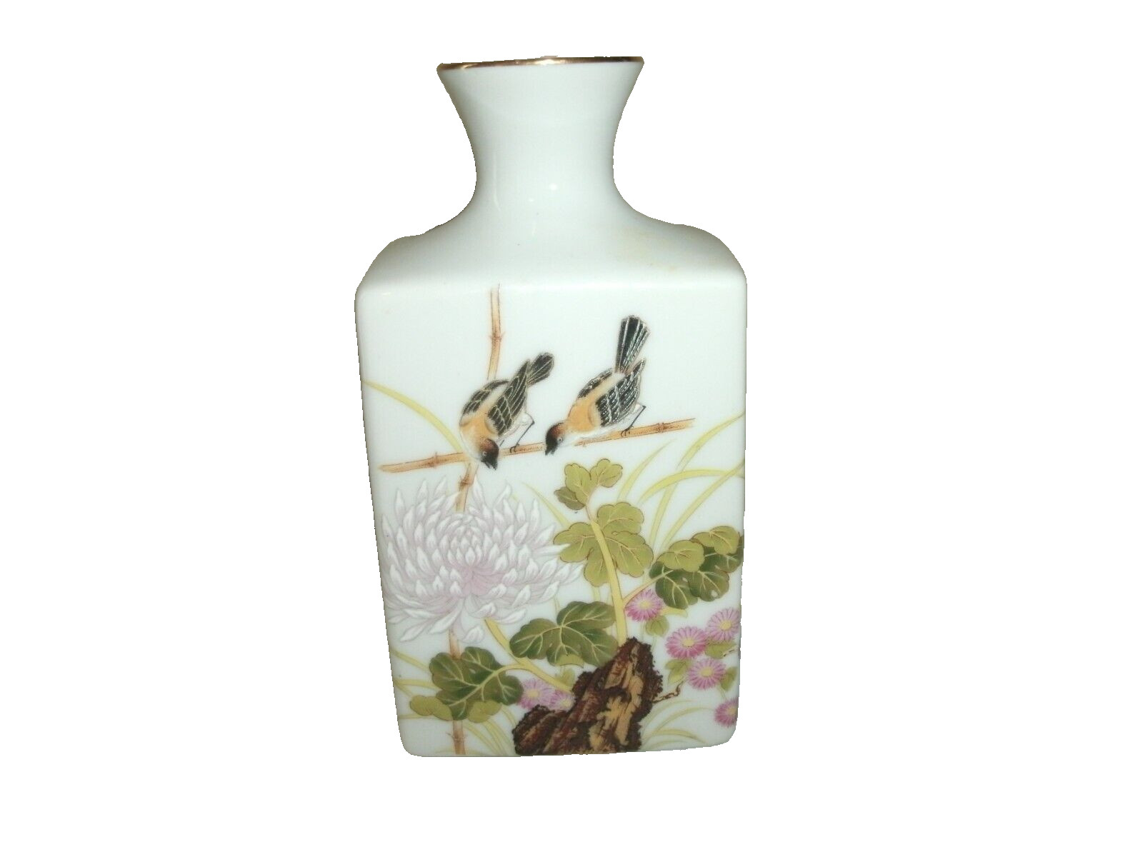 VTG HAND PAINTED GLOSSY FINISH NATURE SCENE FLOWERS & BIRDS VASE (JAPAN) (EVC)