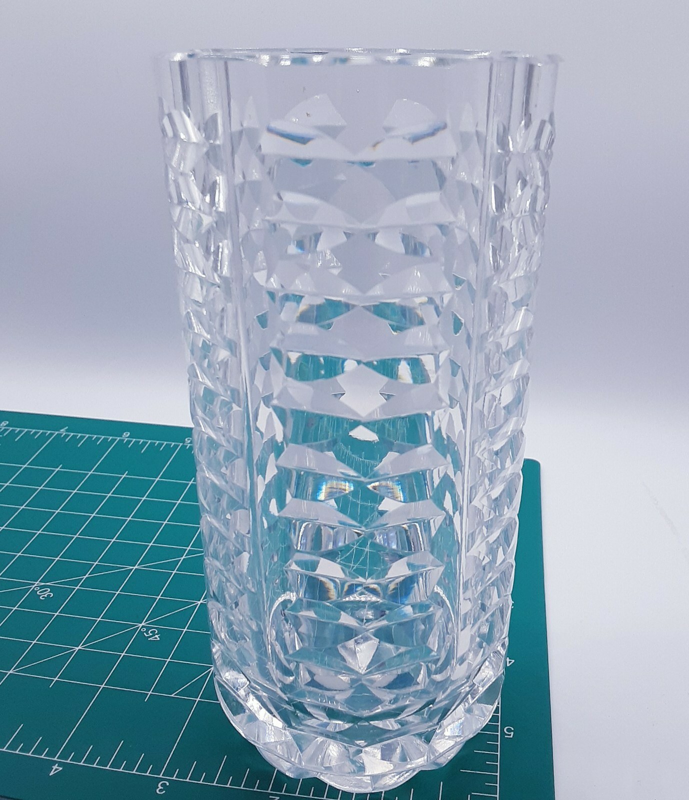 Vintage Mid Century glass crystal 6″ x 3″ Cylindrical Geometric Flower Vase