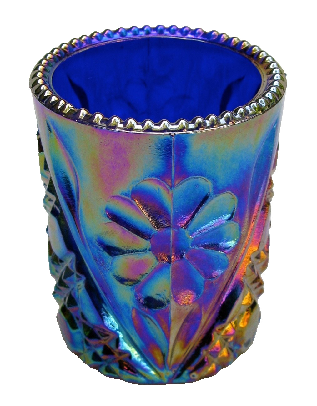 VINTAGE JOE ST CLAIR COBALT BLUE IRIDESCENT CARNIVAL GLASS TOOTHPICK HOLDER