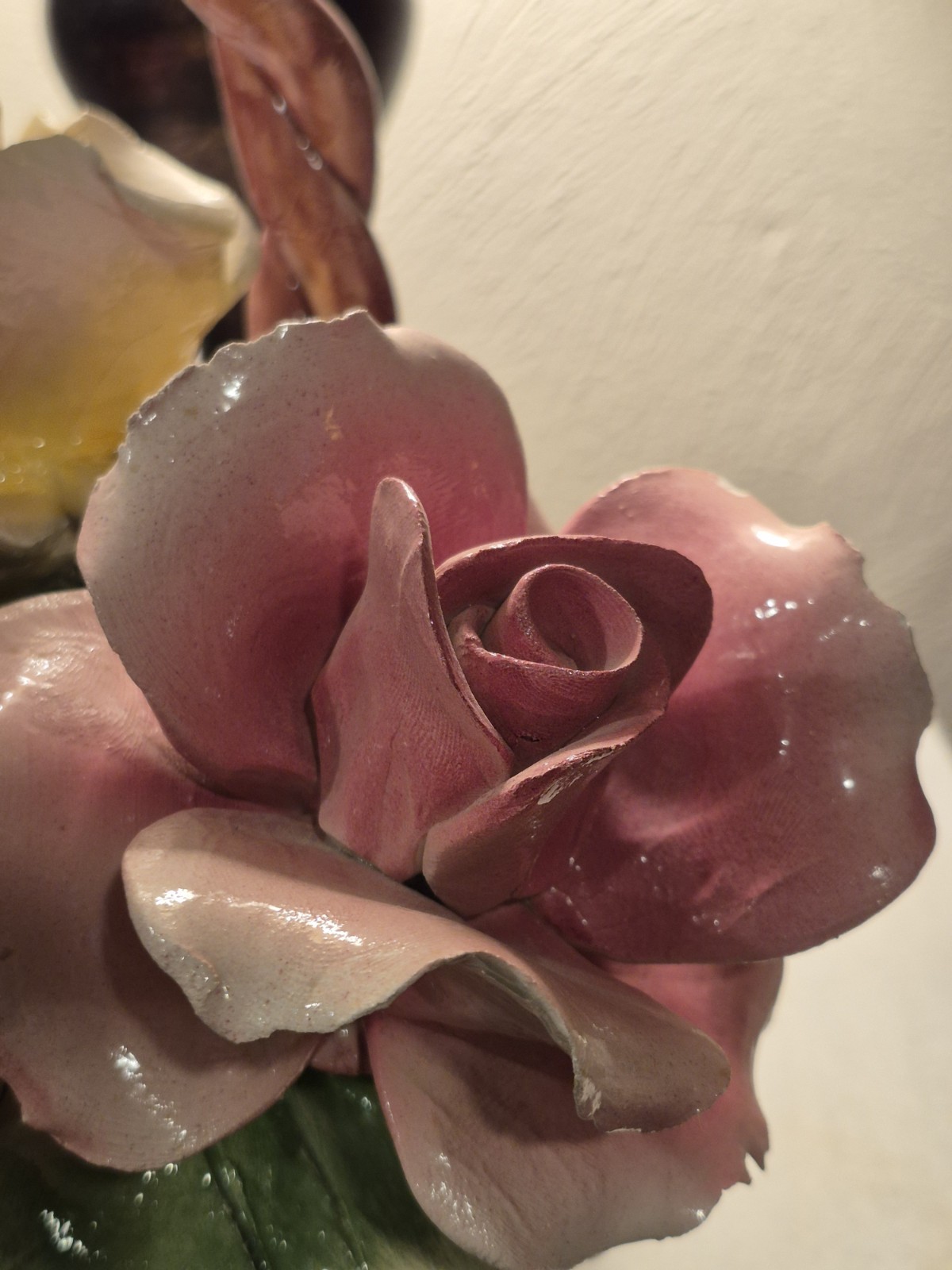 Vintage Large Italian Capodimonte Porcelain Pink And Yellow Flower Basket 11″x6″
