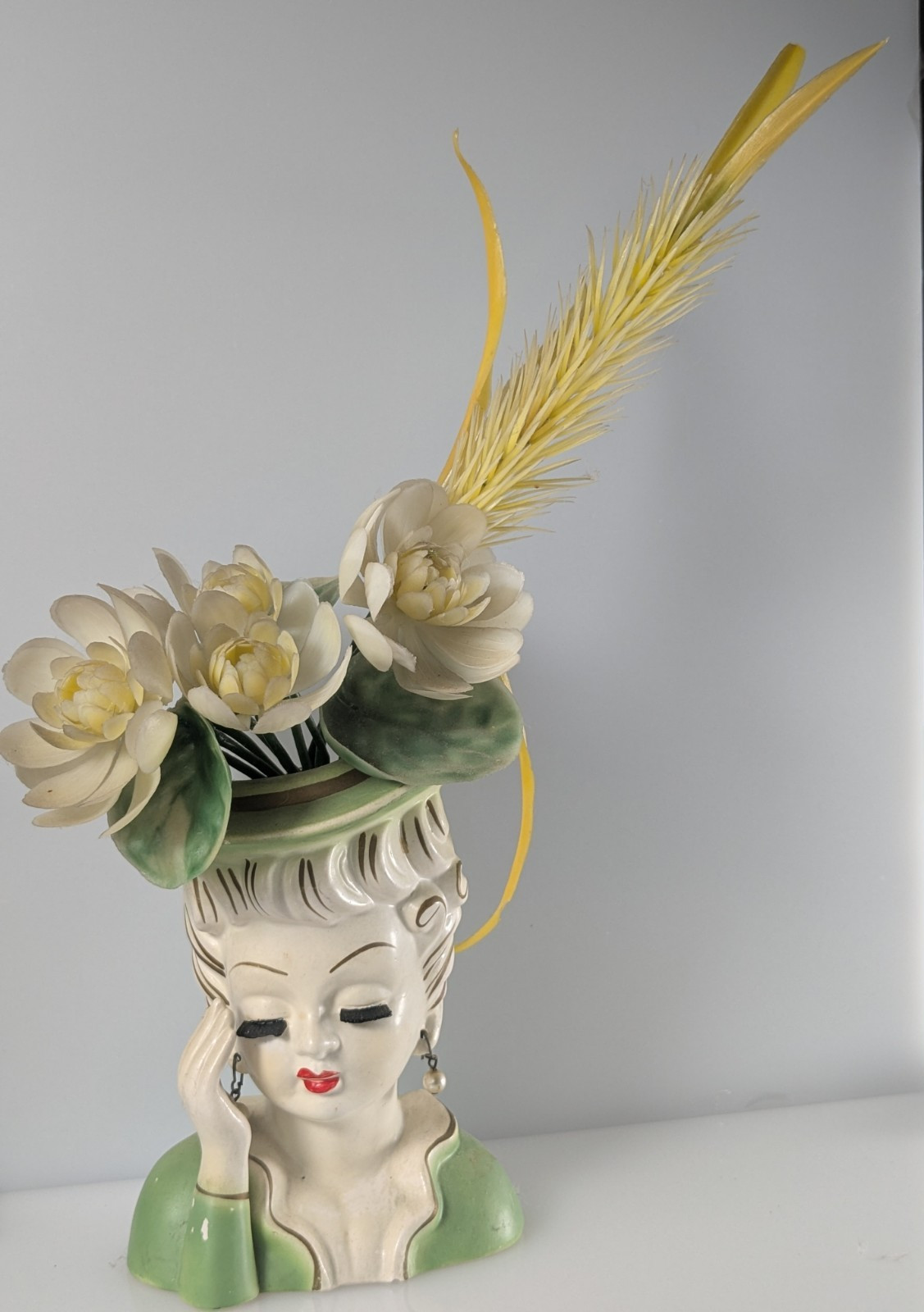 Vintage Lady Head Vase Tilso Headache Hand Original Plastic Flowers & Jewelry