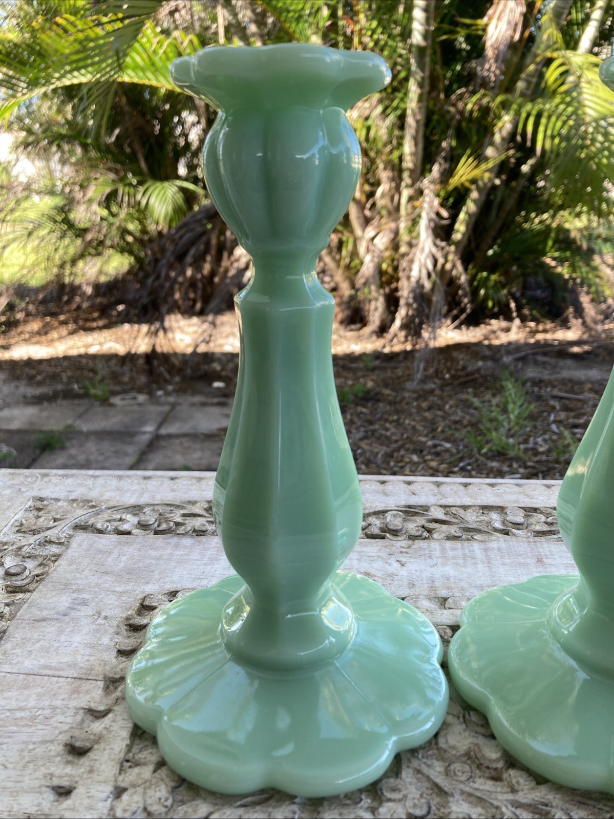 2 Mosser Cambridge Jade Jadeite Green 8 1/4″ Candlesticks Candle Holders * XLNT!