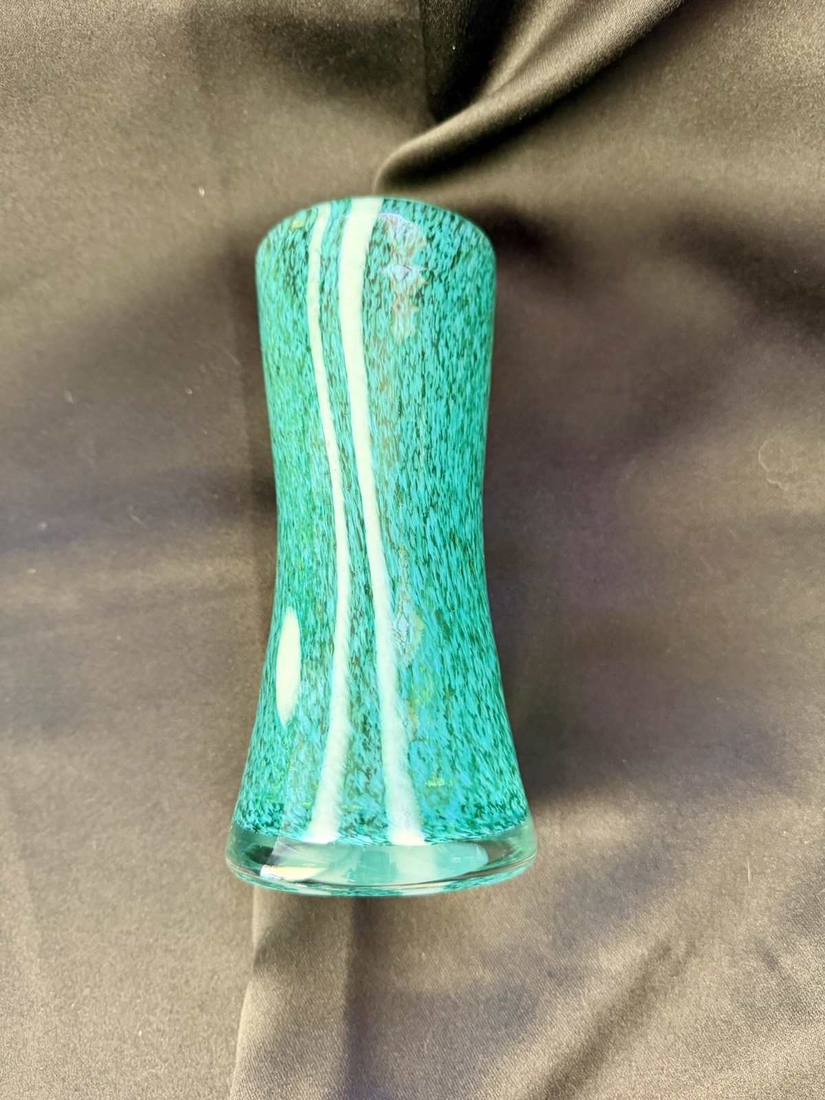 Hand Blown Glass Vase Teal With White Designs – 6 1/4 Inches Tall
